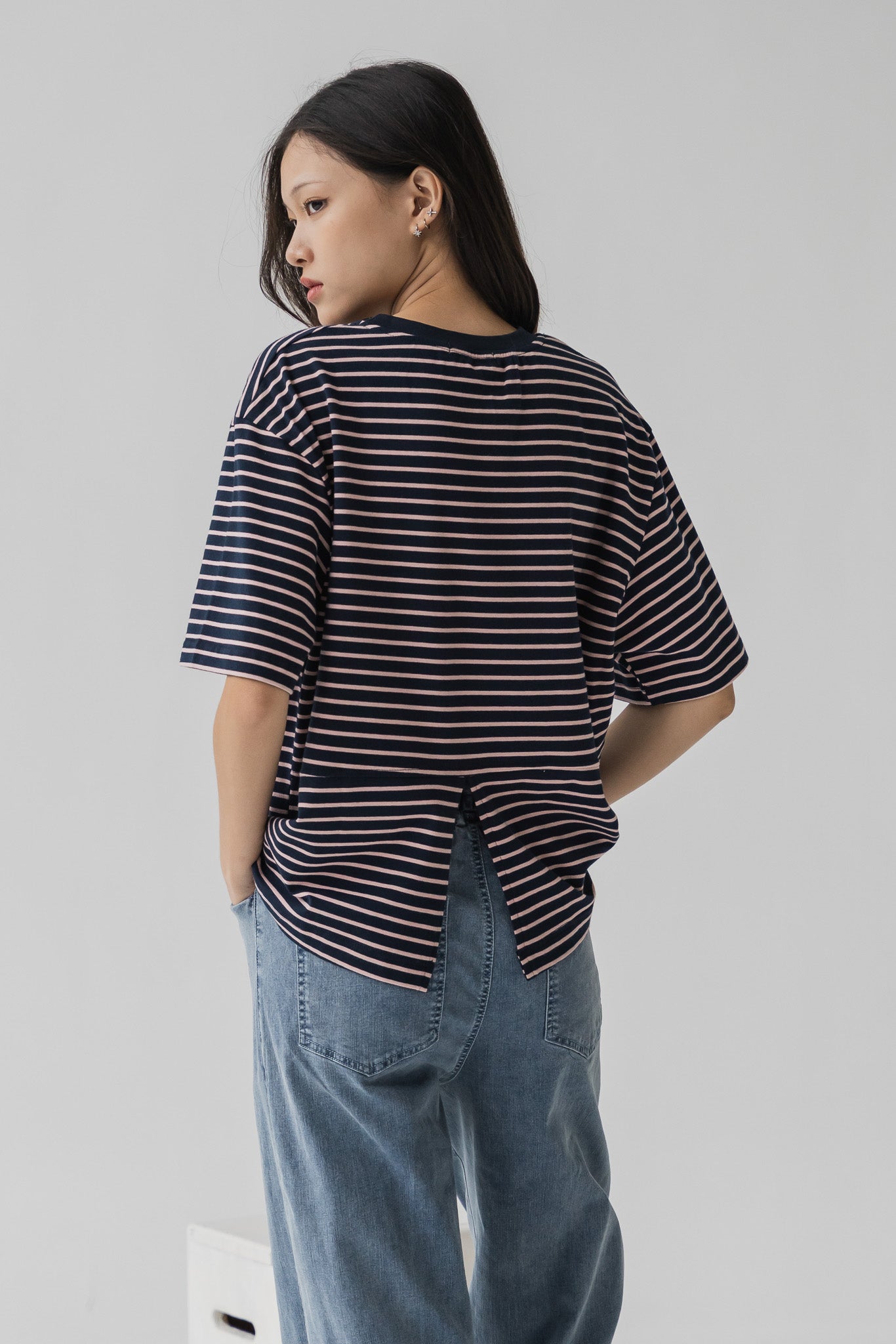 Back Slit Oversized Striped Tee in Navy