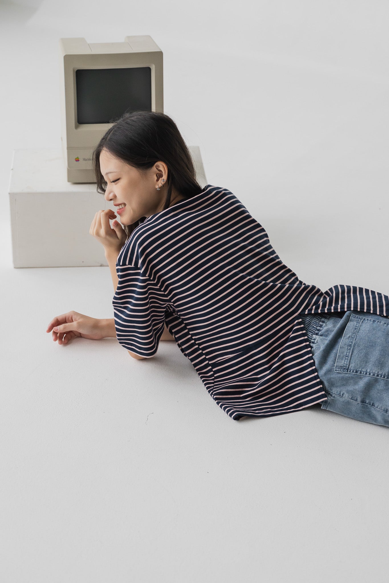 Back Slit Oversized Striped Tee in Navy