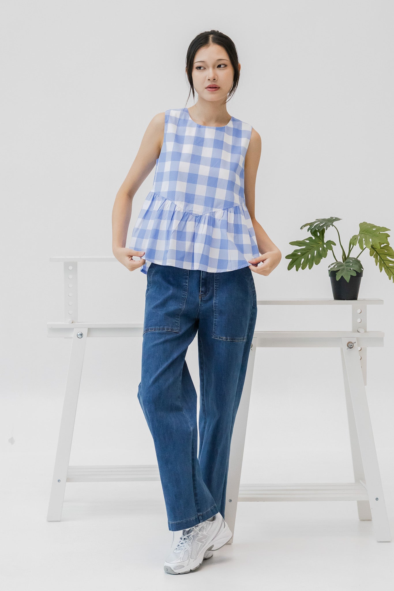 Checkered Babydoll Blouse in Light Blue