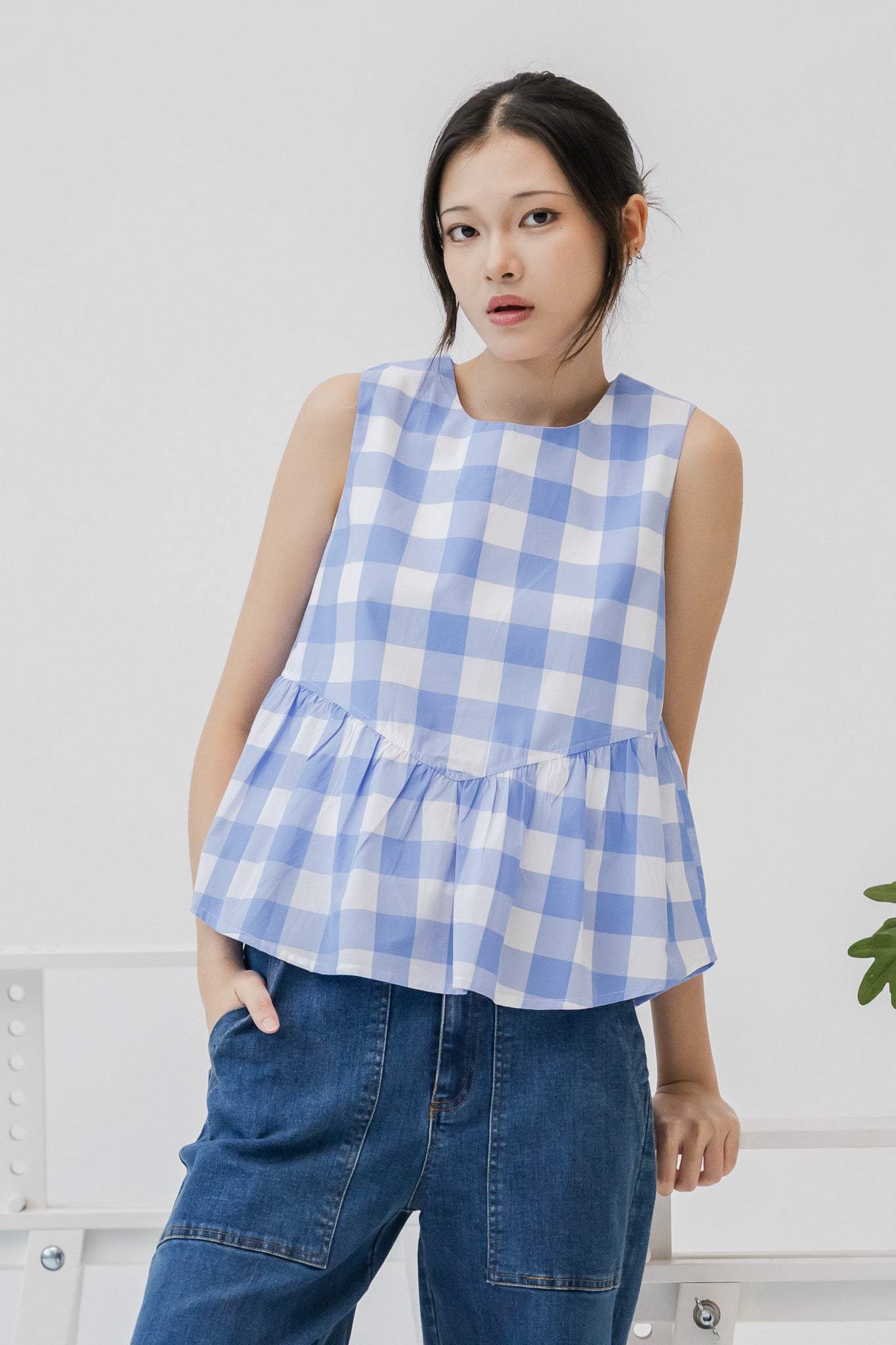 Checkered Babydoll Blouse in Light Blue