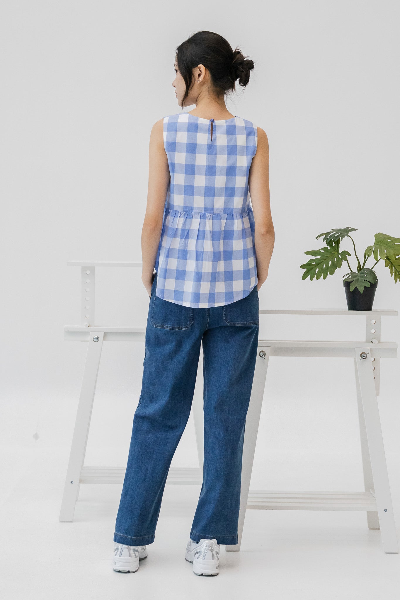 Checkered Babydoll Blouse in Light Blue