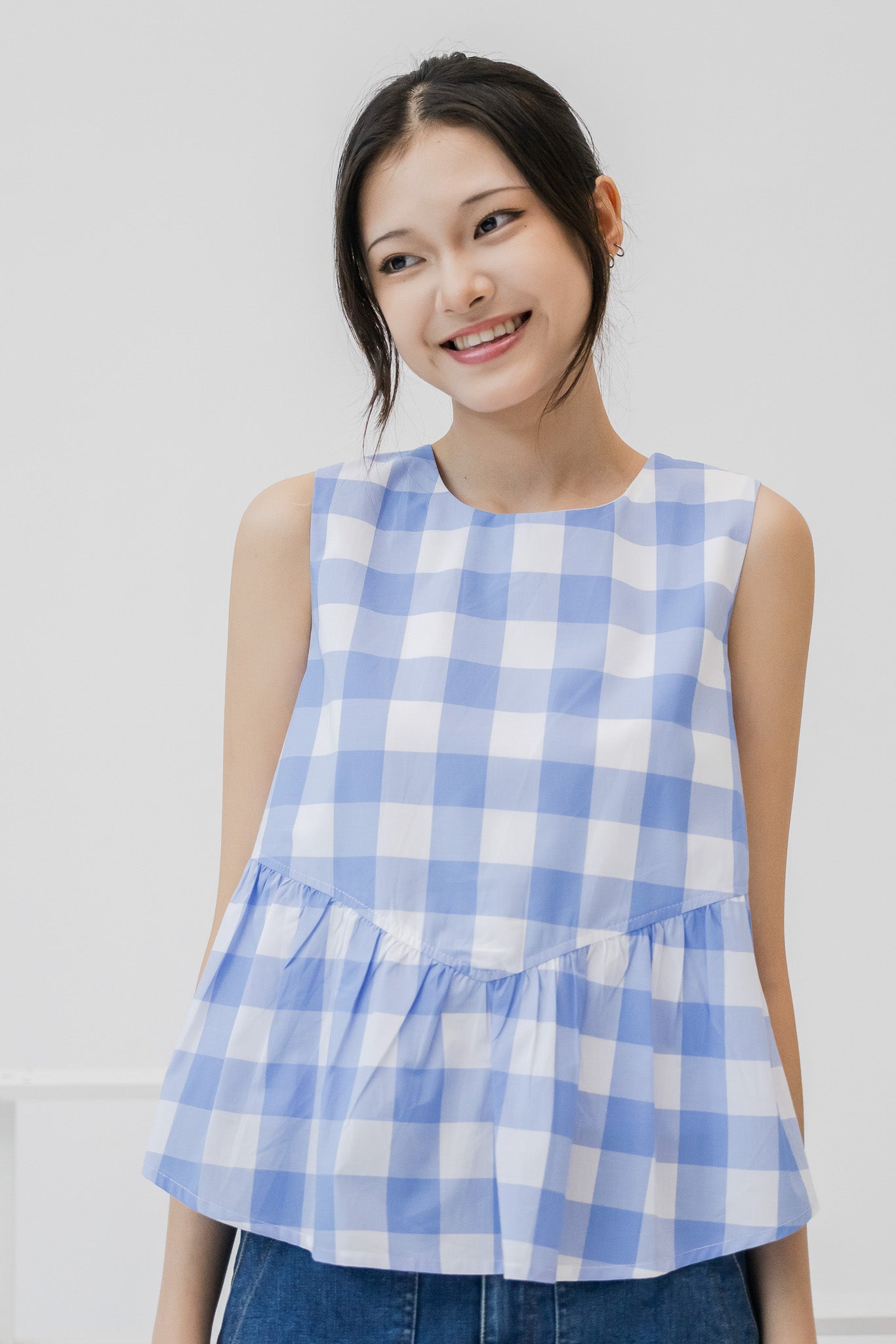 Checkered Babydoll Blouse in Light Blue