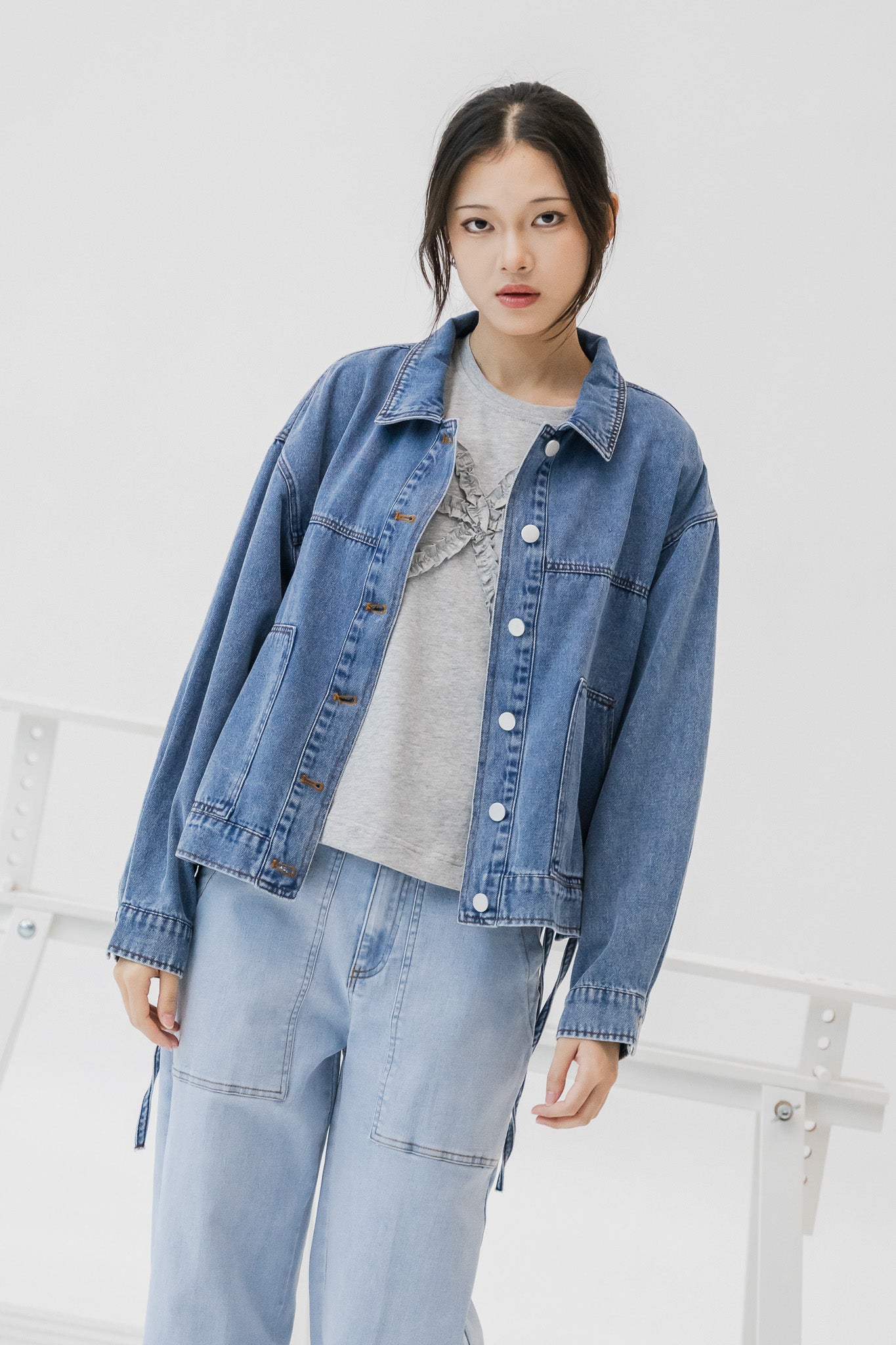 Side Tie Denim Jacket in Mid Wash