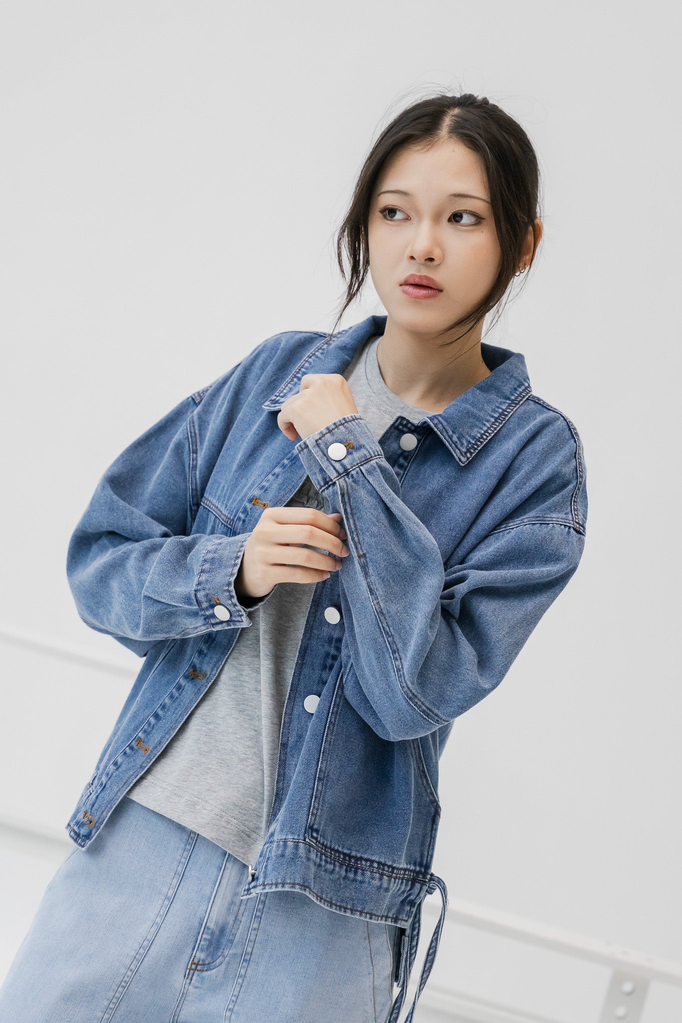 Side Tie Denim Jacket in Mid Wash