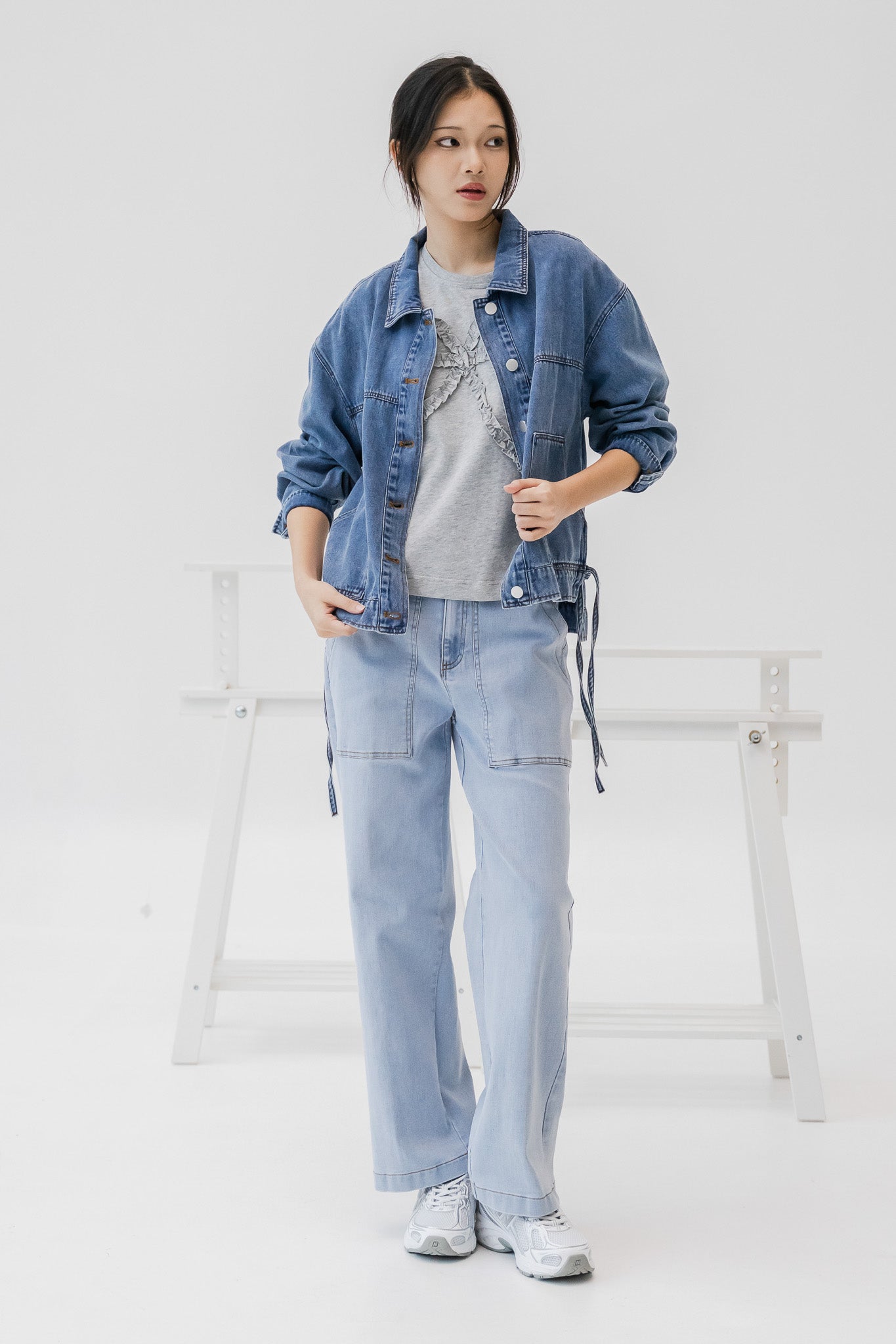Side Tie Denim Jacket in Mid Wash