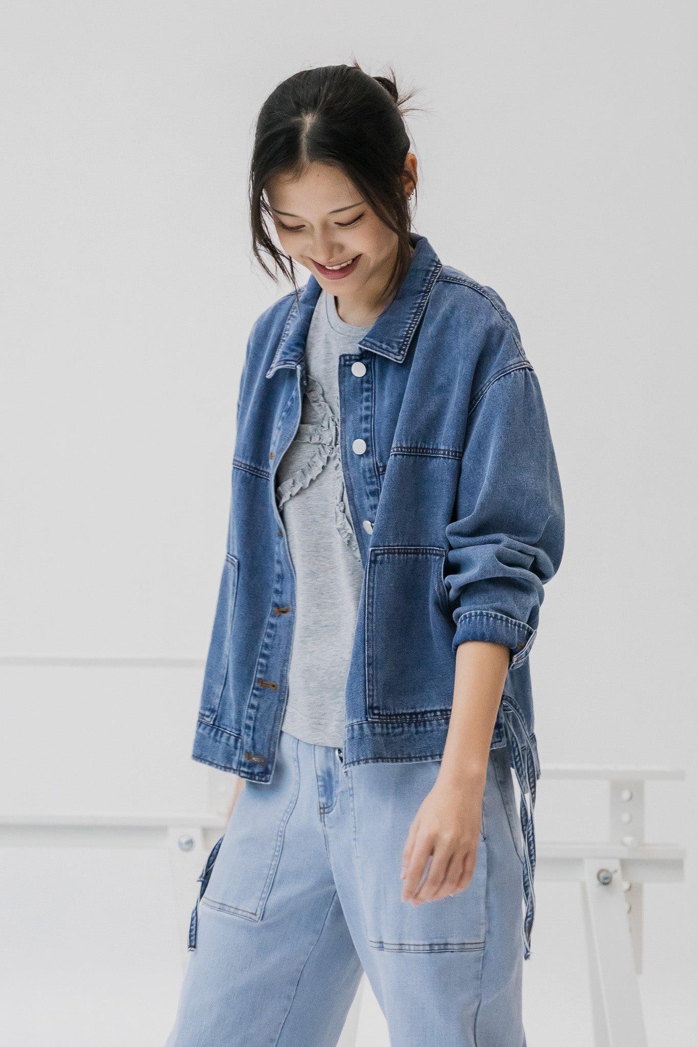 Side Tie Denim Jacket in Mid Wash