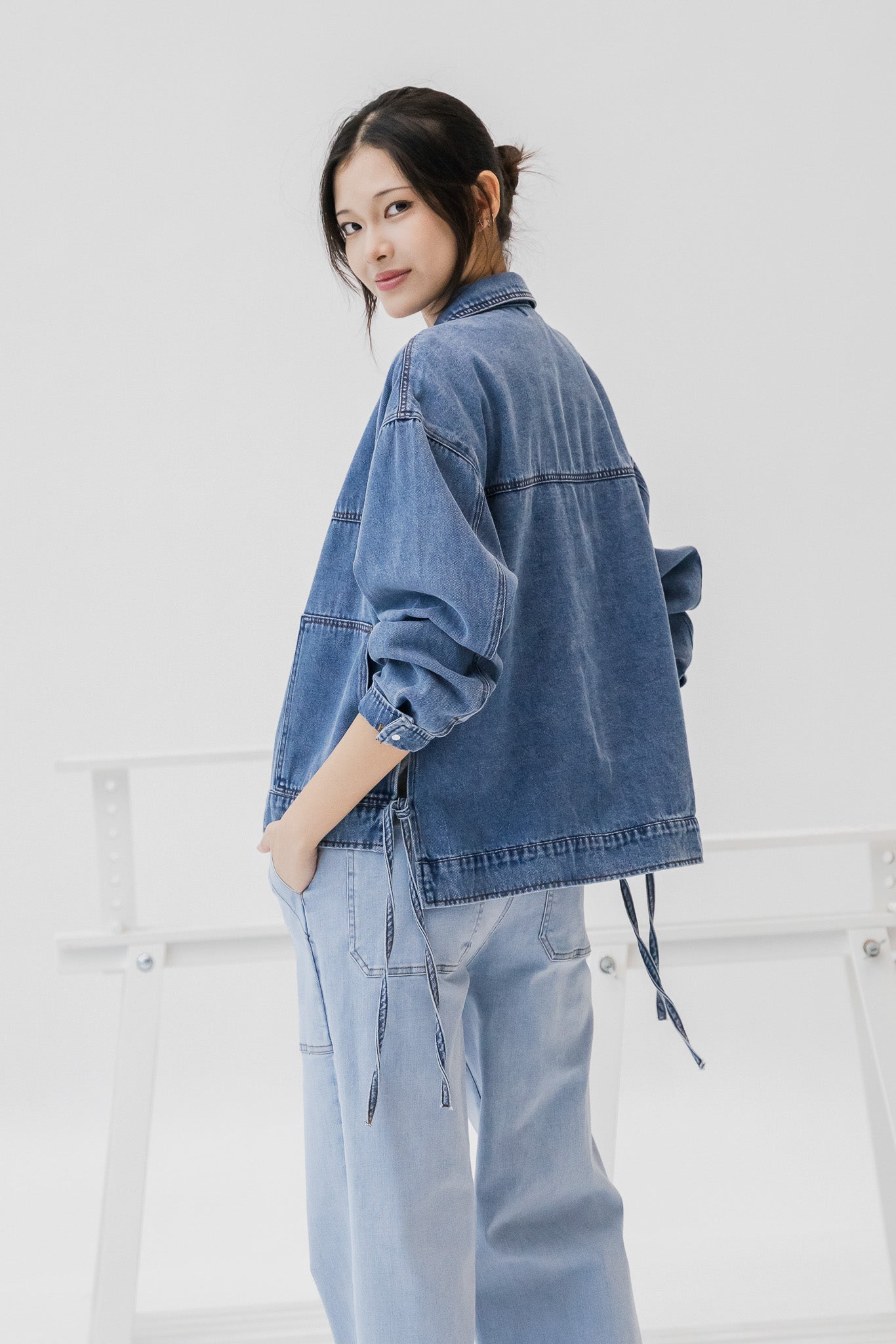 Side Tie Denim Jacket in Mid Wash