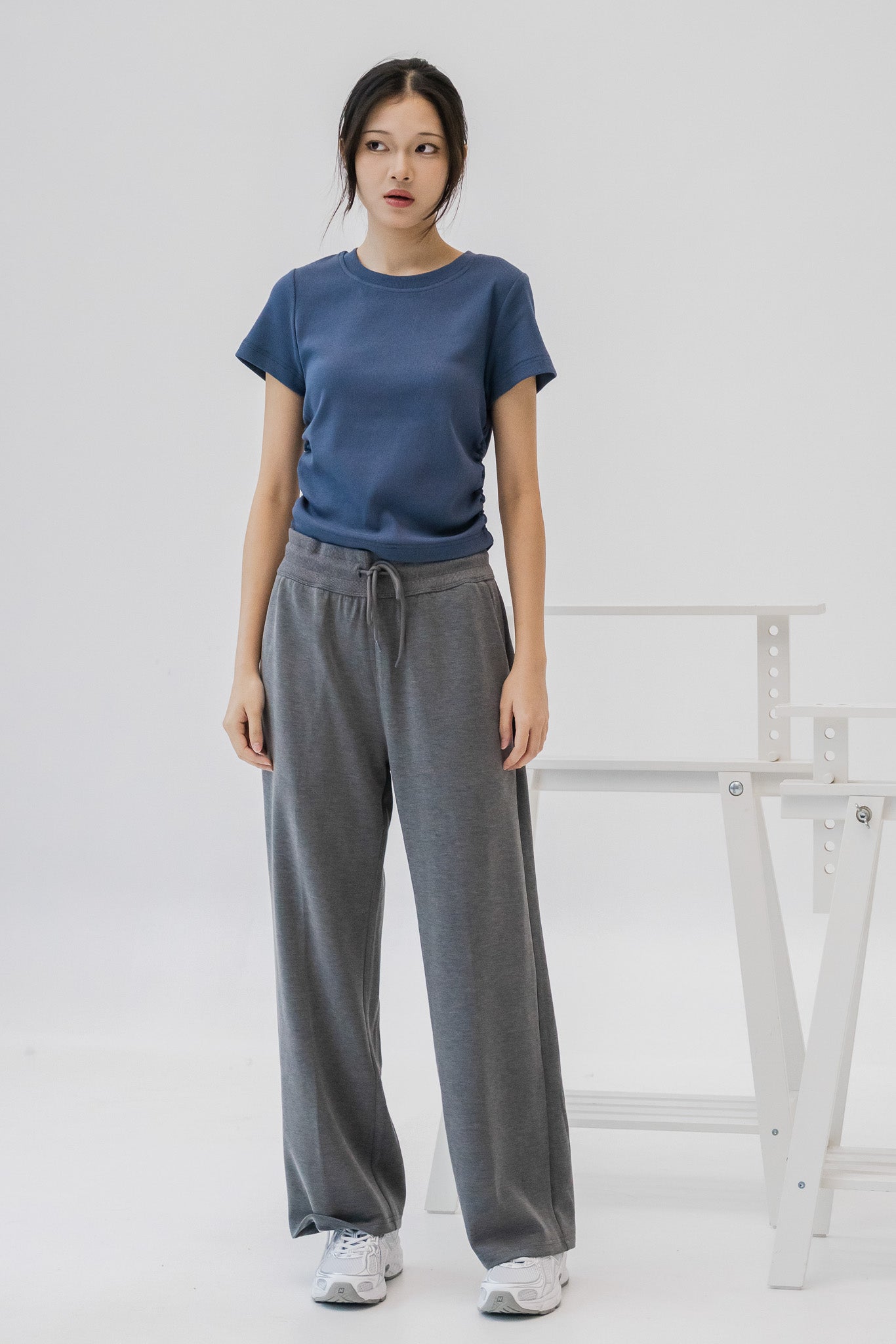 Comfy Ruched Ribbed Cropped Tee in Blue