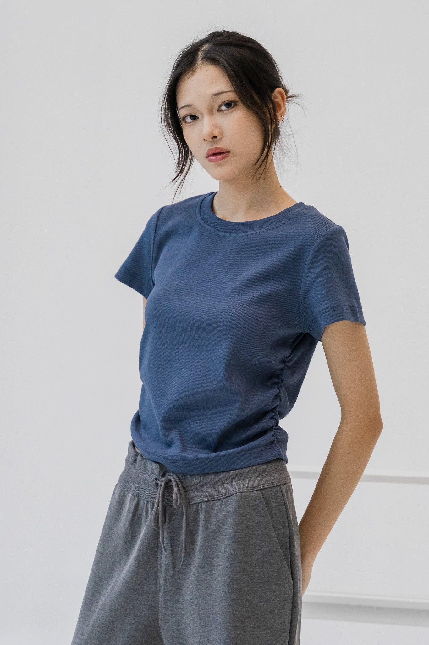 Comfy Ruched Ribbed Cropped Tee in Blue