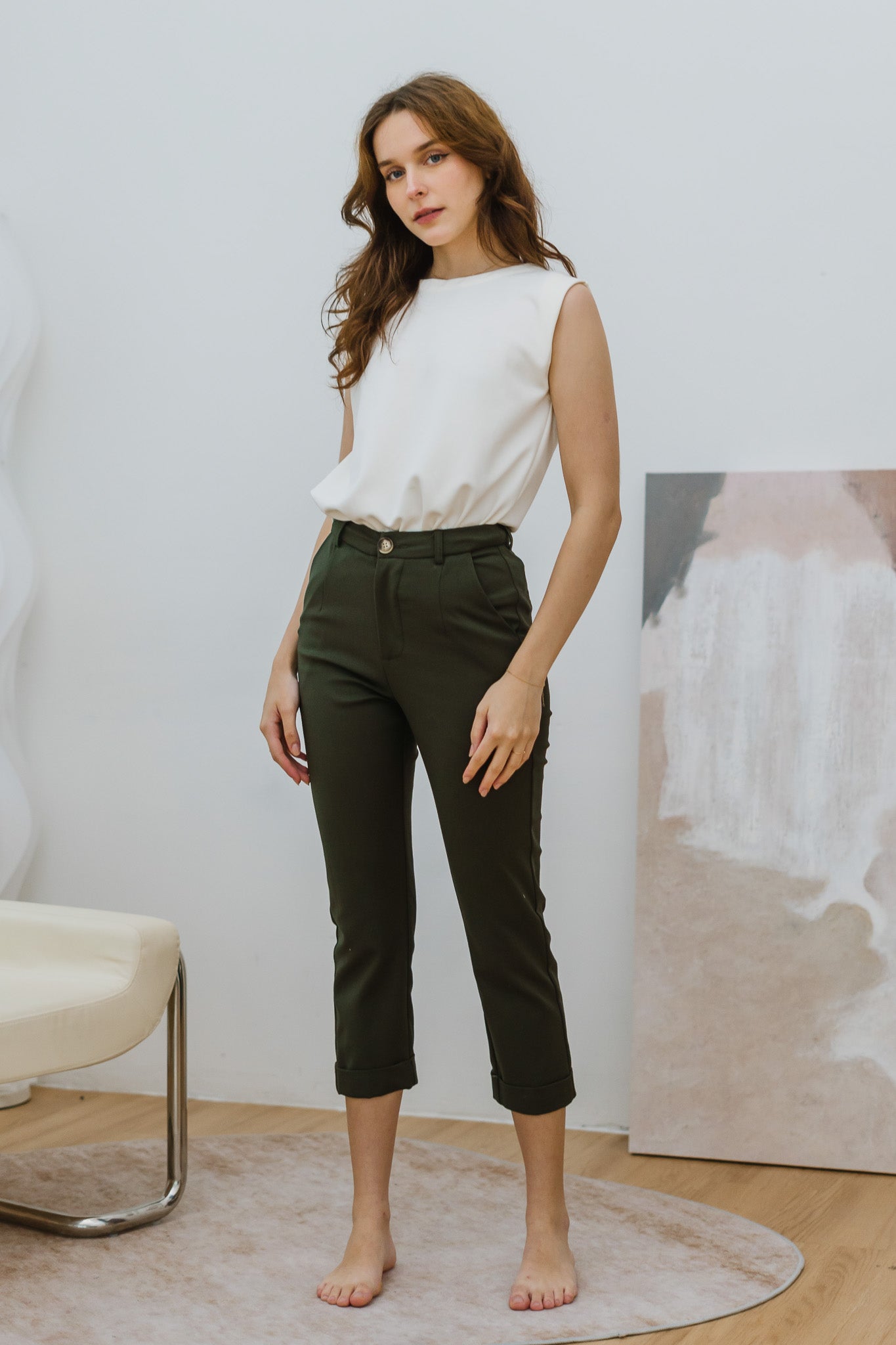 Ariel Cuffed Work Pants in Army Green