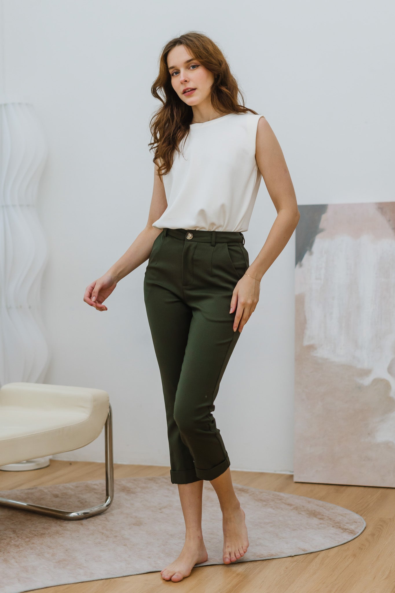 Ariel Cuffed Work Pants in Army Green