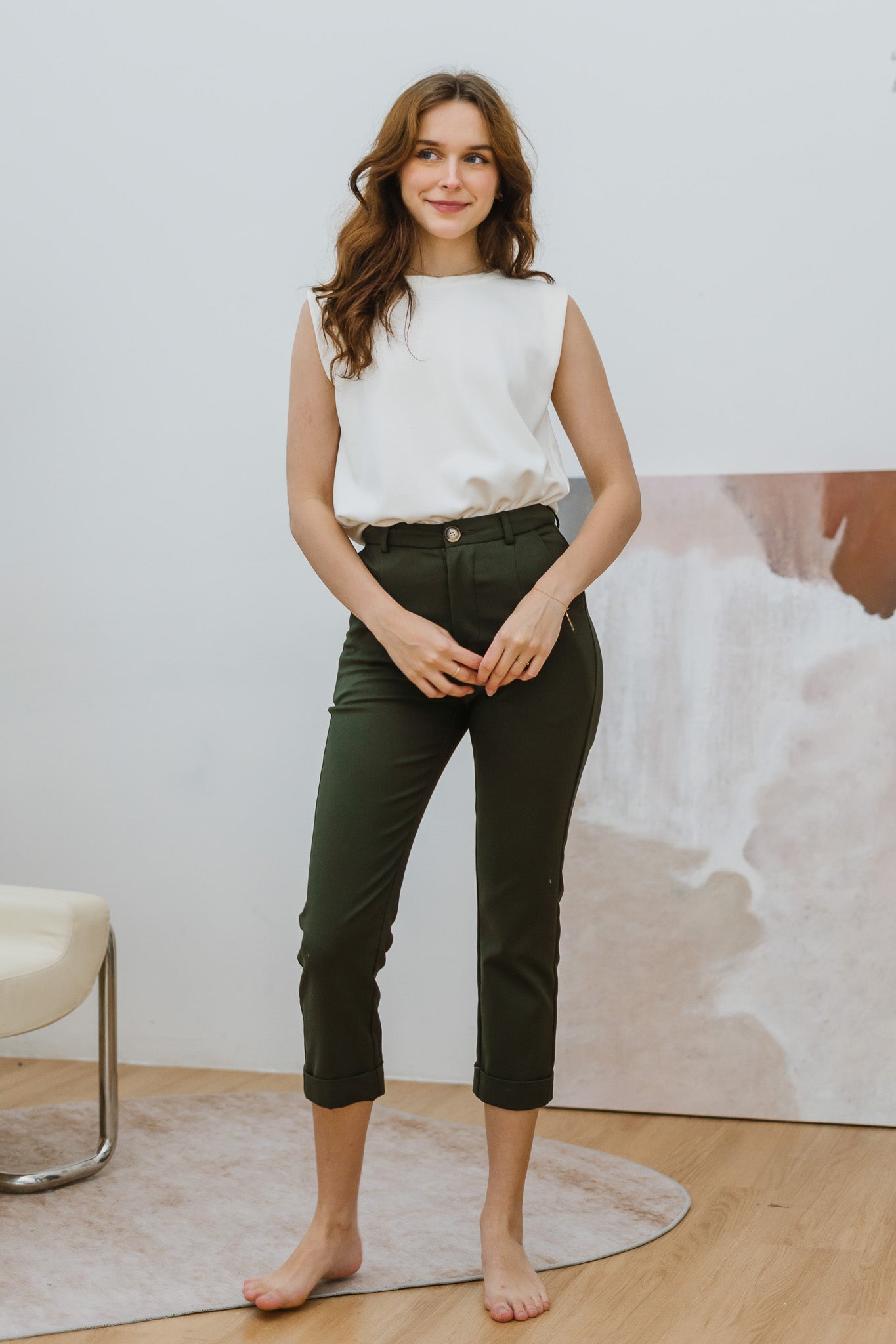 Ariel Cuffed Work Pants in Army Green