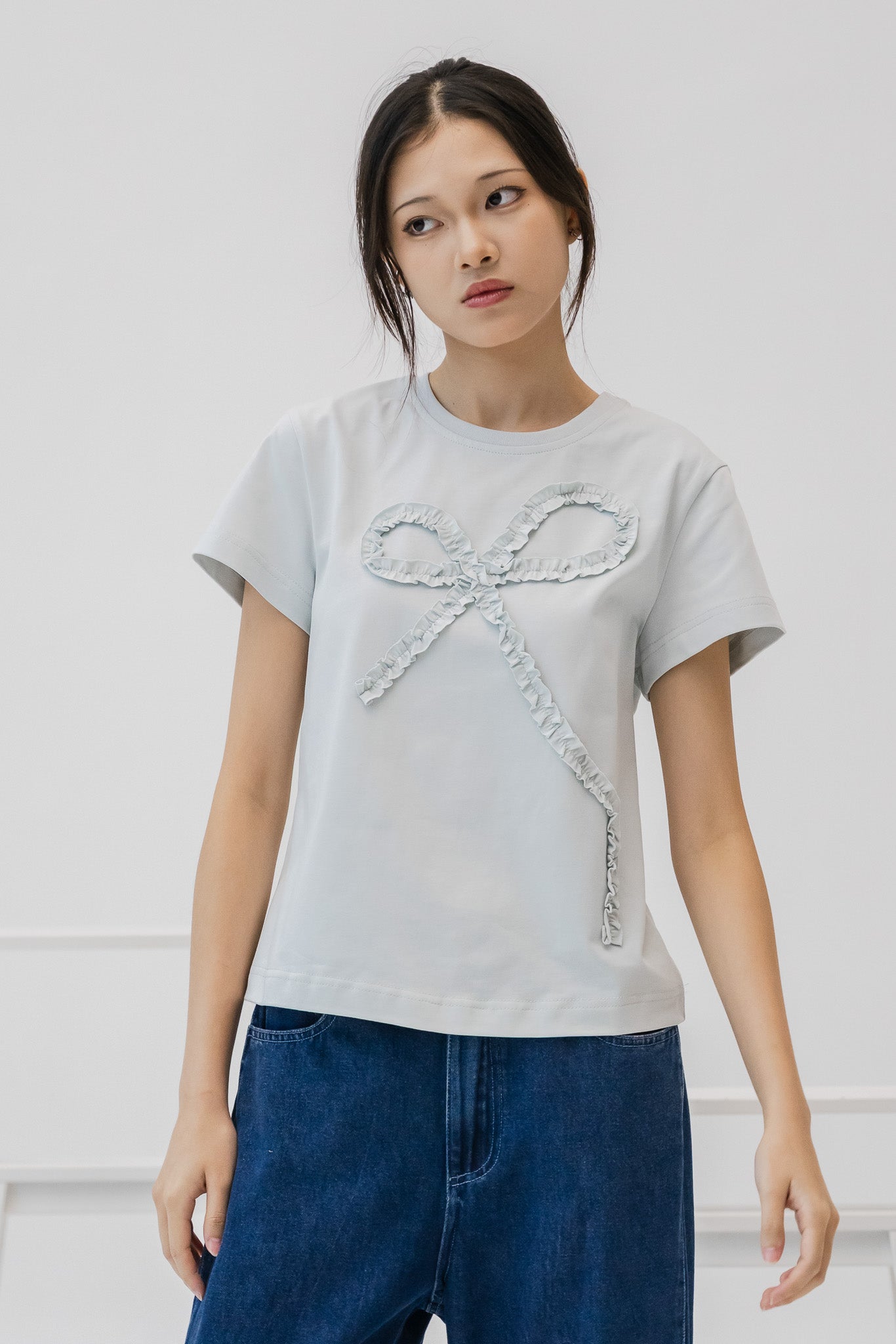 Ruffled Ribbon Tee in Light Blue