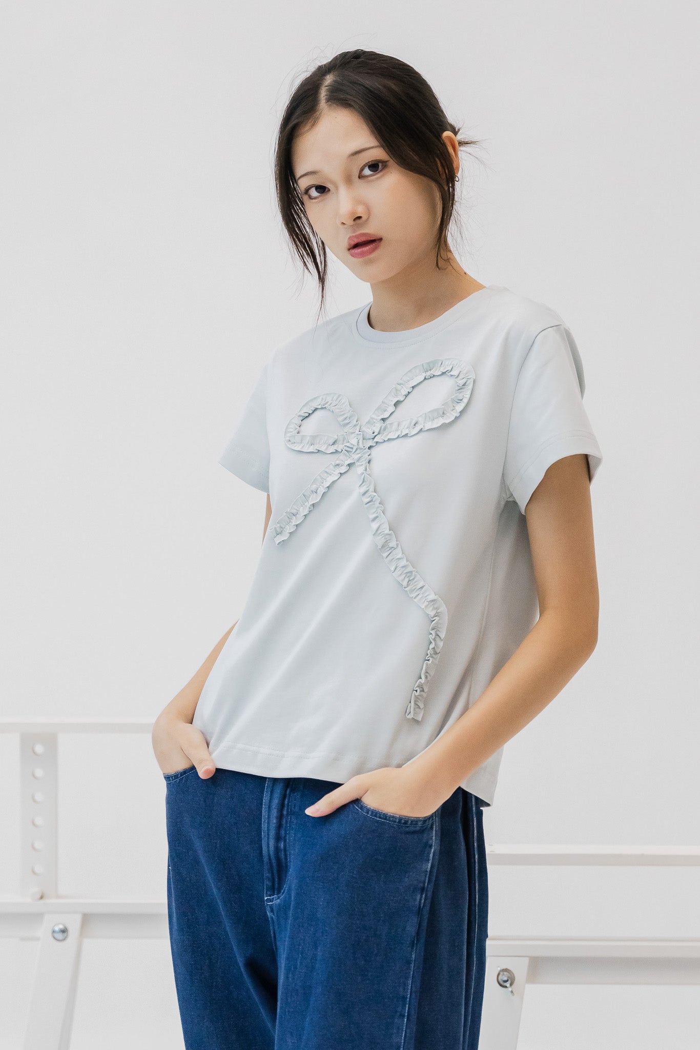 Ruffled Ribbon Tee in Light Blue