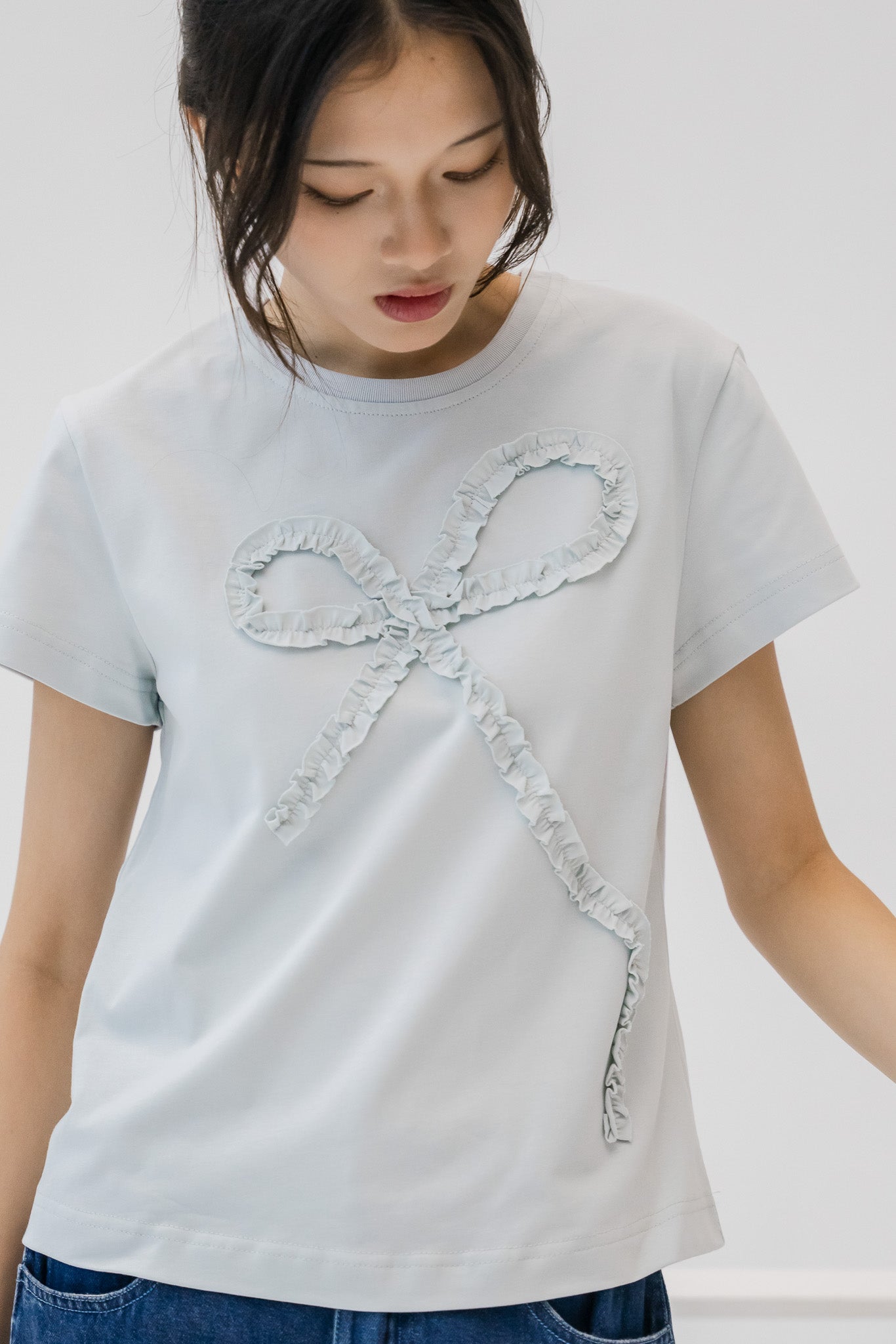 Ruffled Ribbon Tee in Light Blue