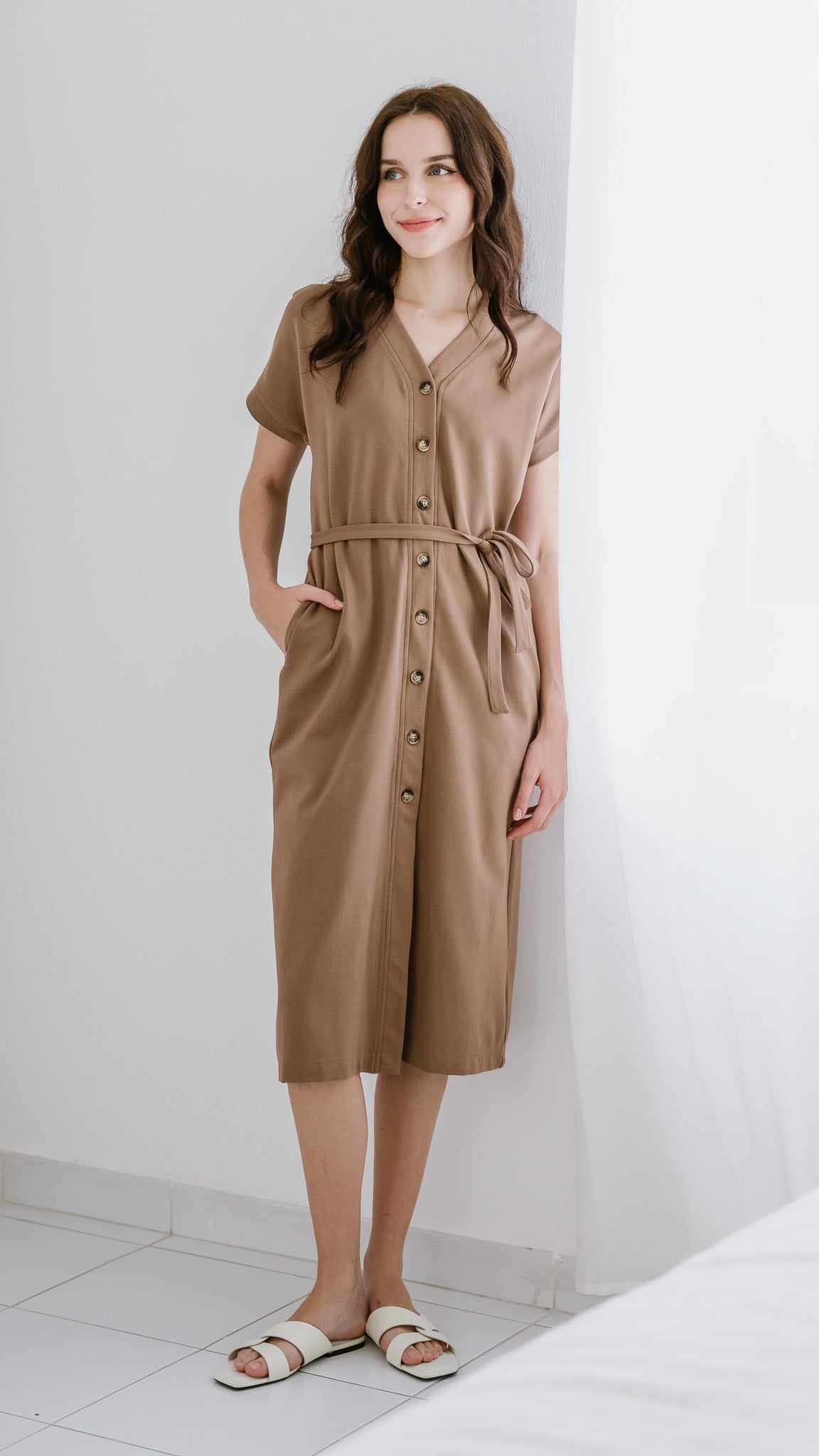 Carissa Cap Sleeve Jersey Midi Dress in Khaki [ONLINE ONLY]