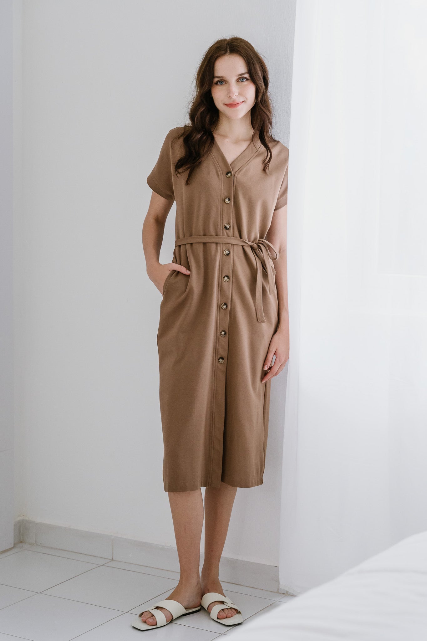 Carissa Cap Sleeve Jersey Midi Dress in Khaki [ONLINE ONLY]