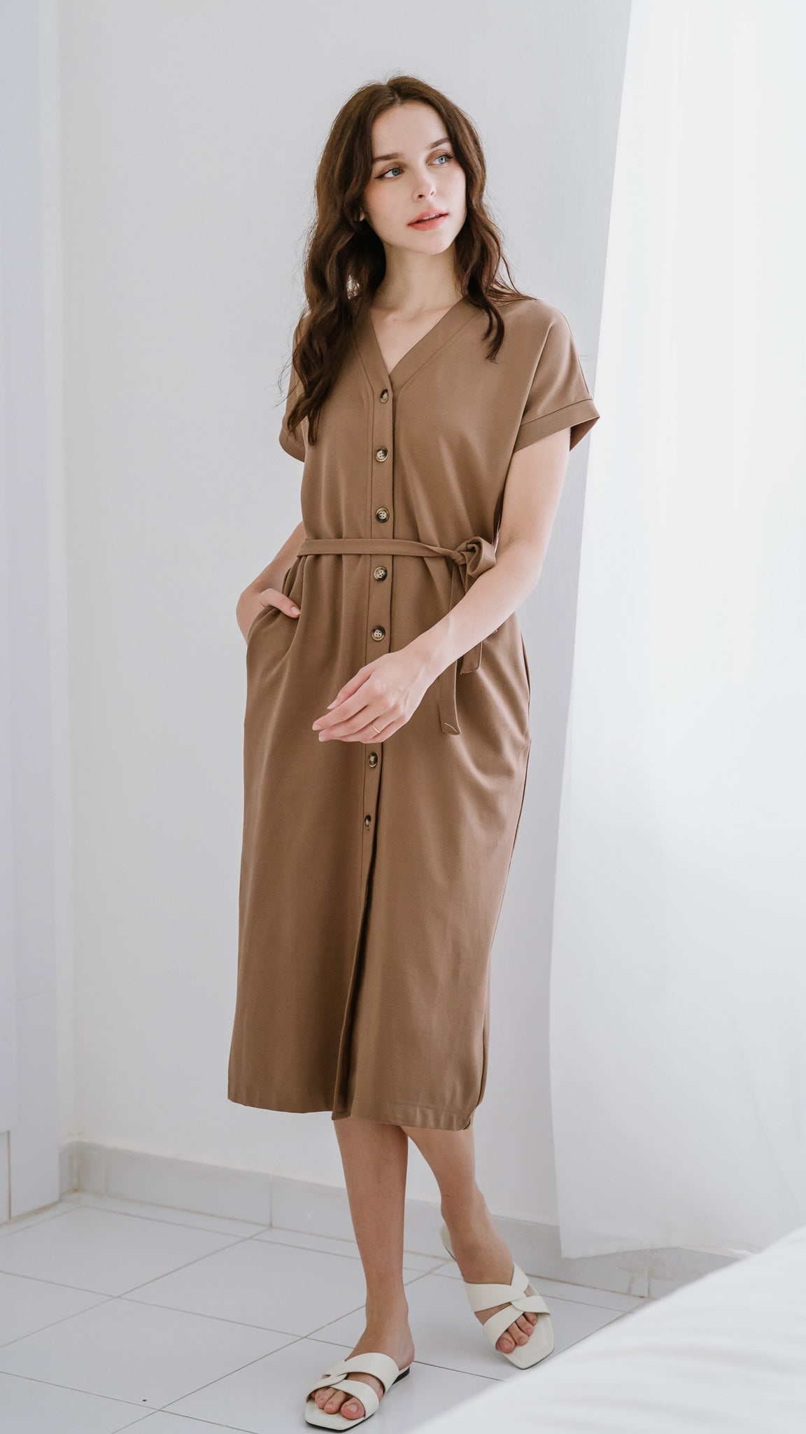 Carissa Cap Sleeve Jersey Midi Dress in Khaki [ONLINE ONLY]