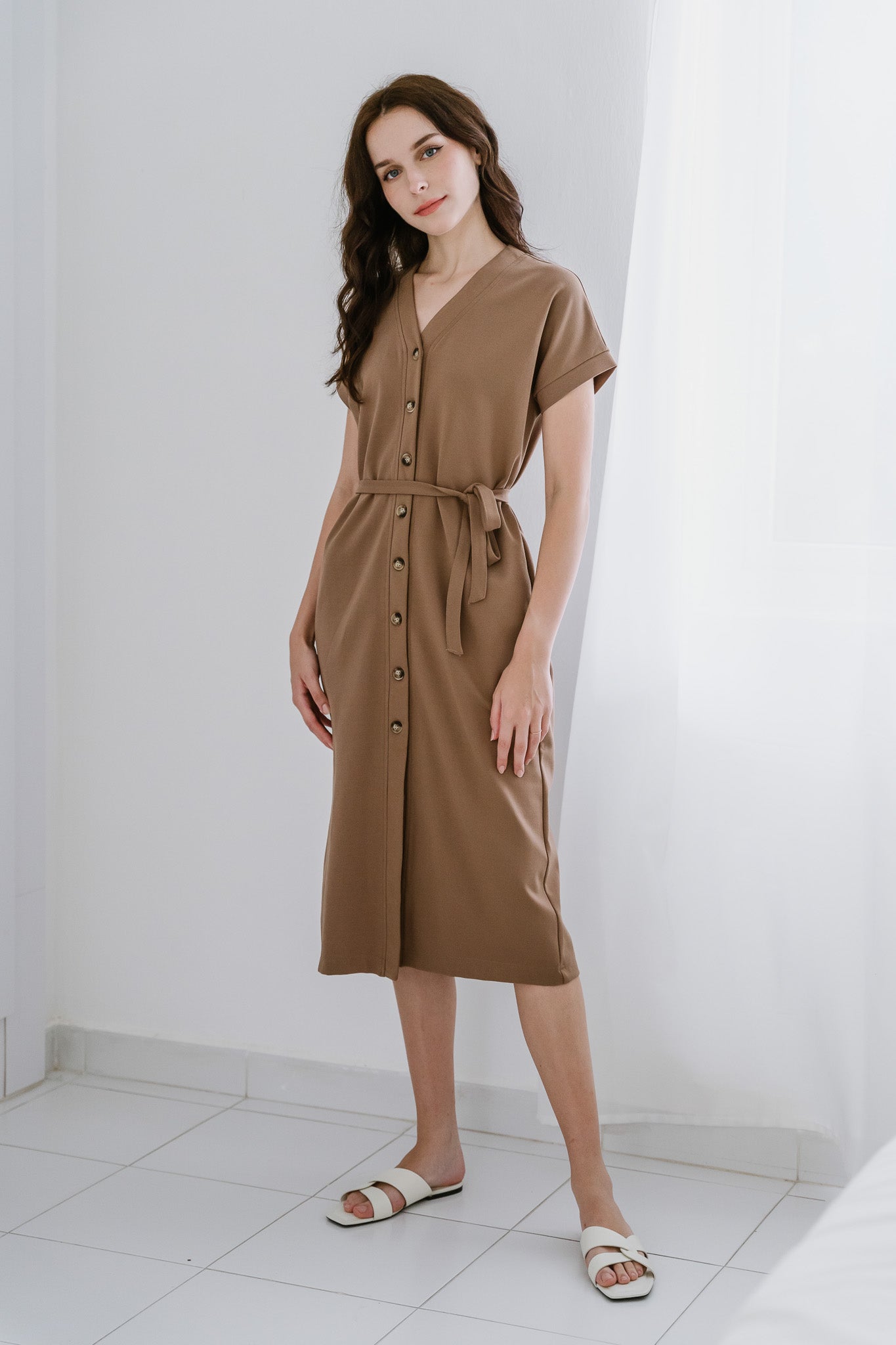 Carissa Cap Sleeve Jersey Midi Dress in Khaki [ONLINE ONLY]