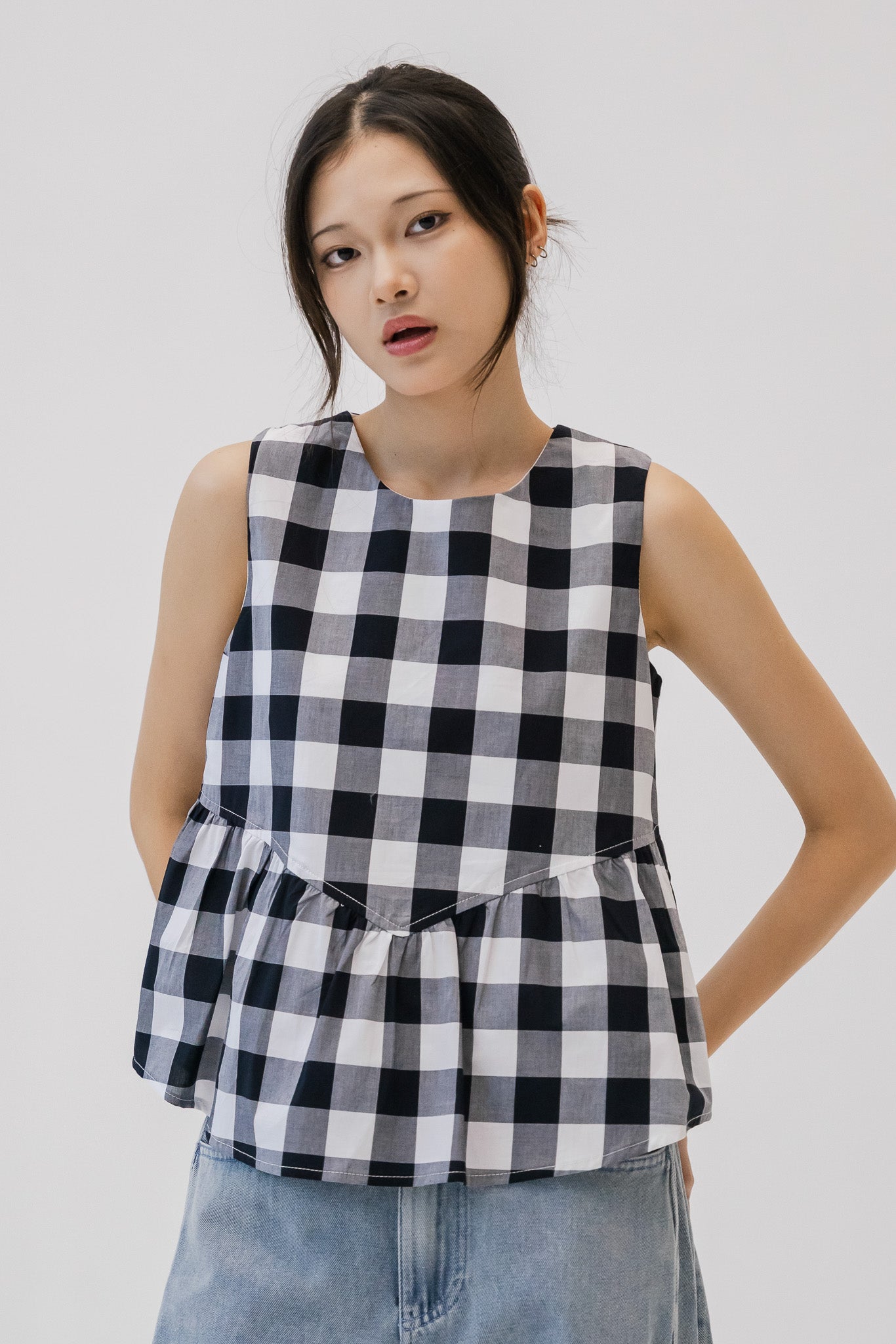 Checkered Babydoll Blouse in Black