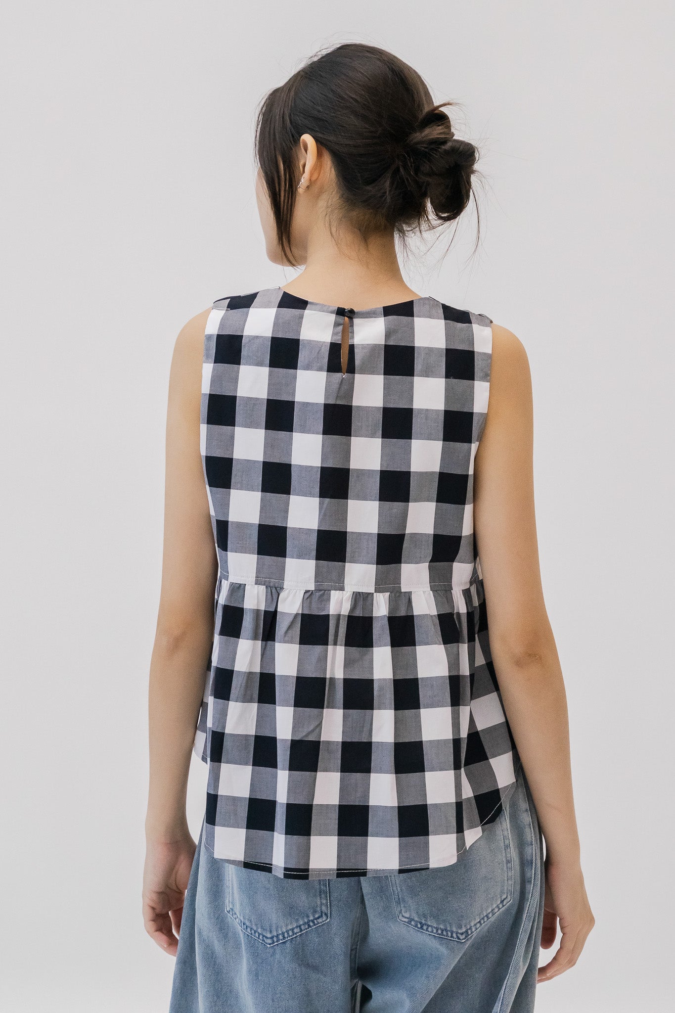 Checkered Babydoll Blouse in Black