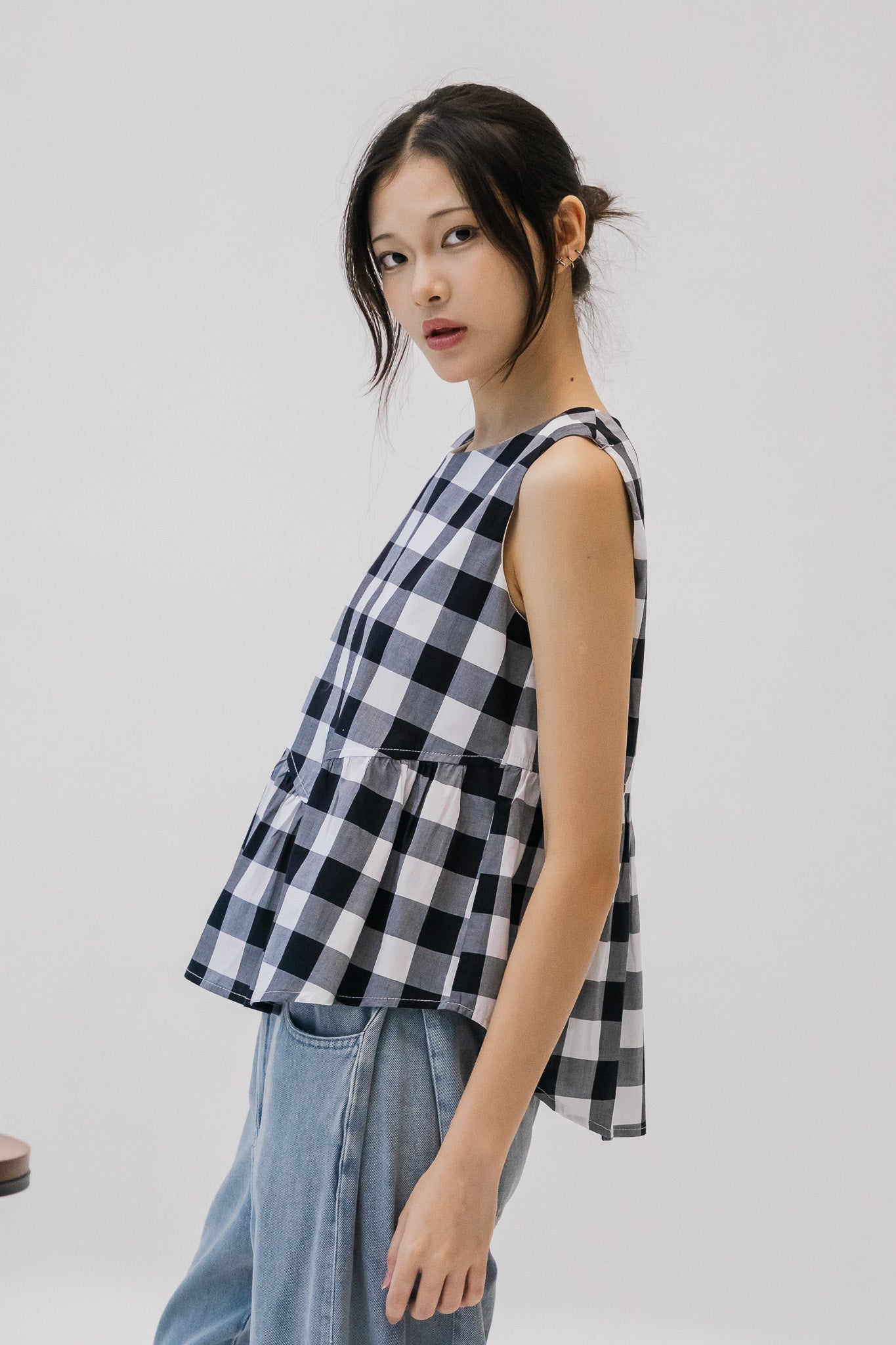 Checkered Babydoll Blouse in Black