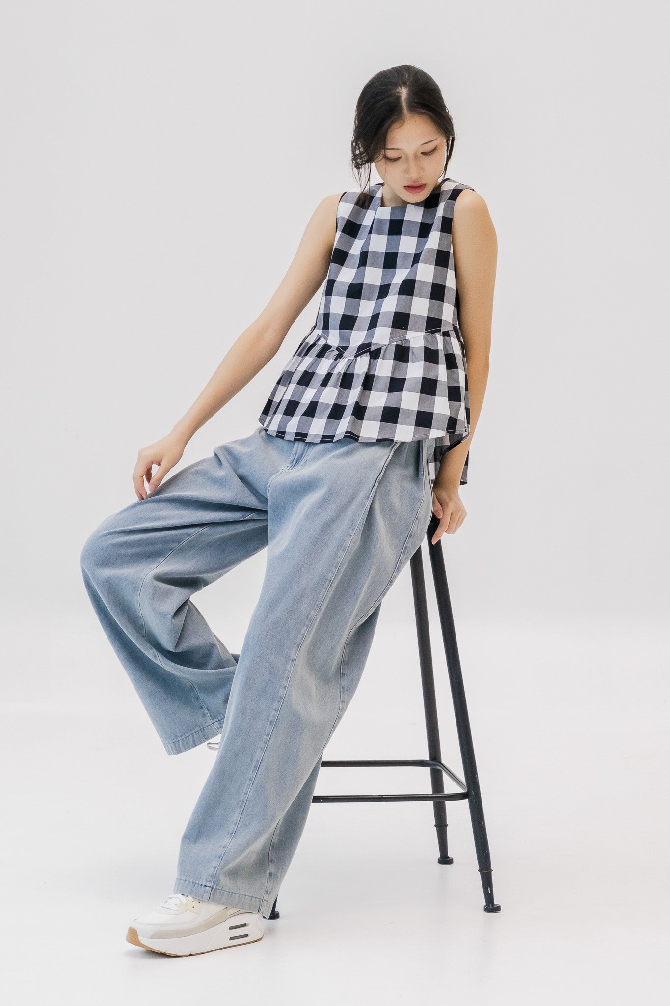 Checkered Babydoll Blouse in Black