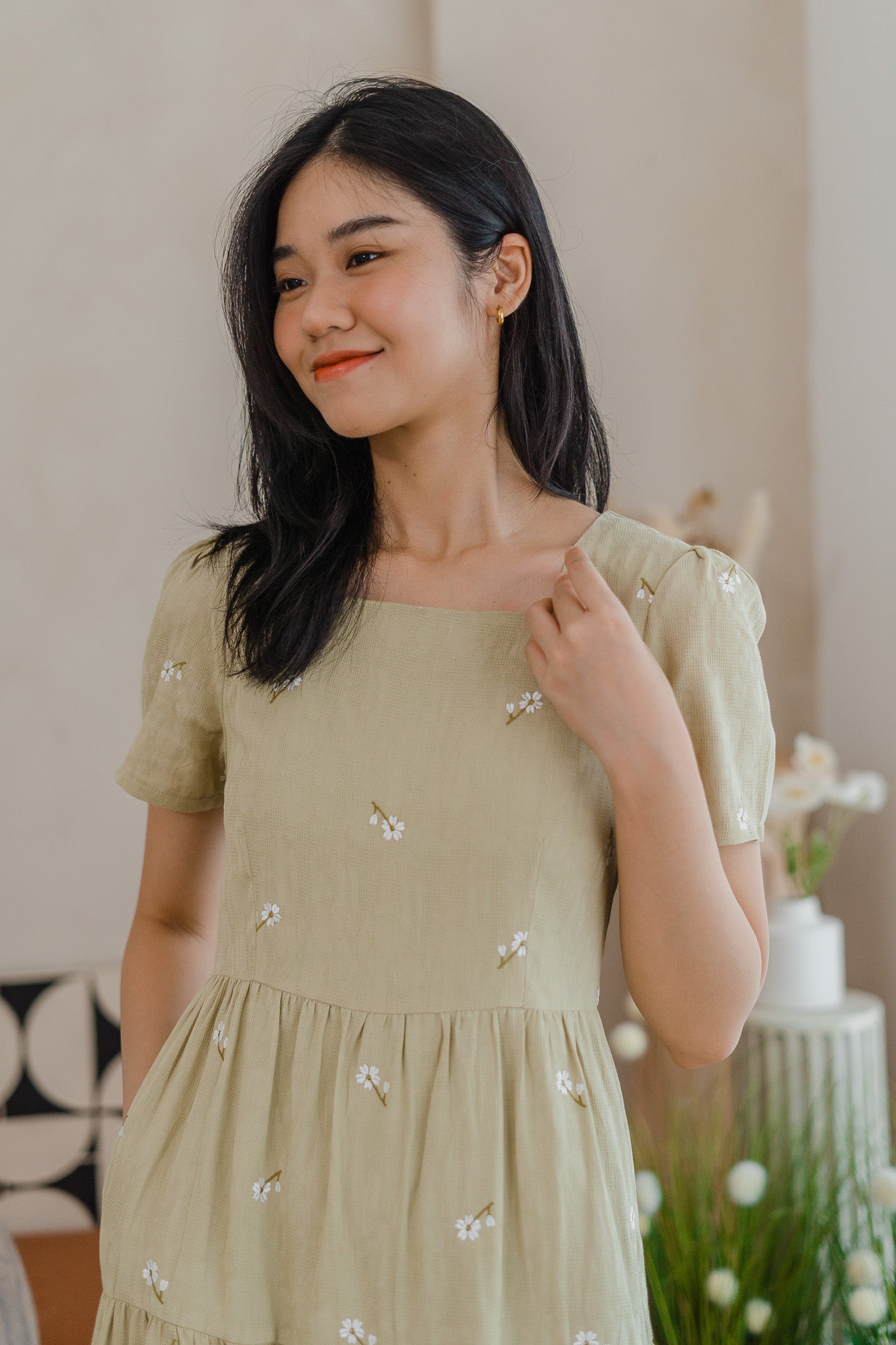 Ariana Embroidery Tiered Dress in Light Green