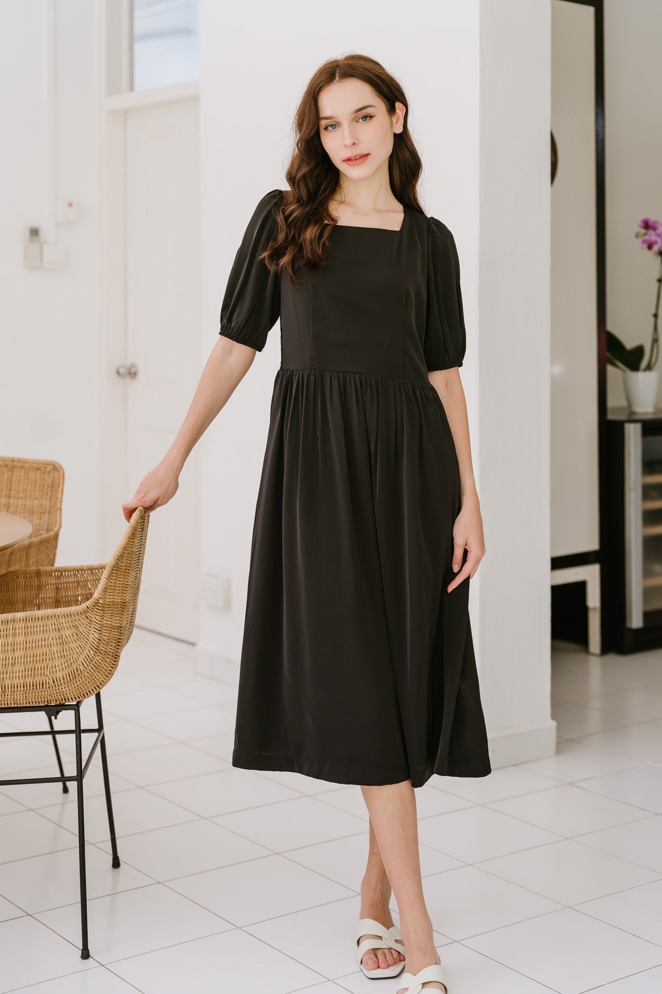 Keira Smocked Back Midi Dress in Black