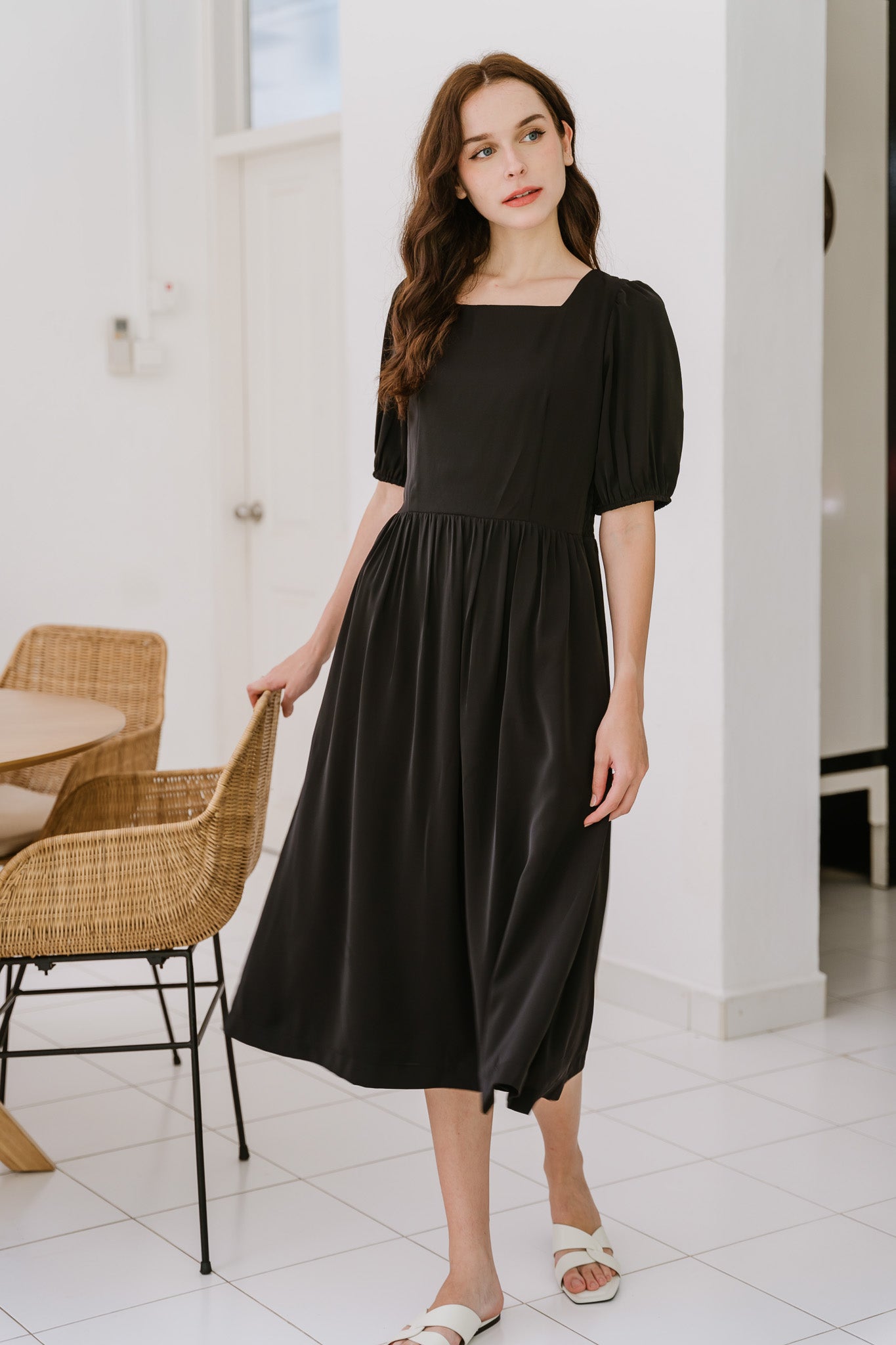 Keira Smocked Back Midi Dress in Black
