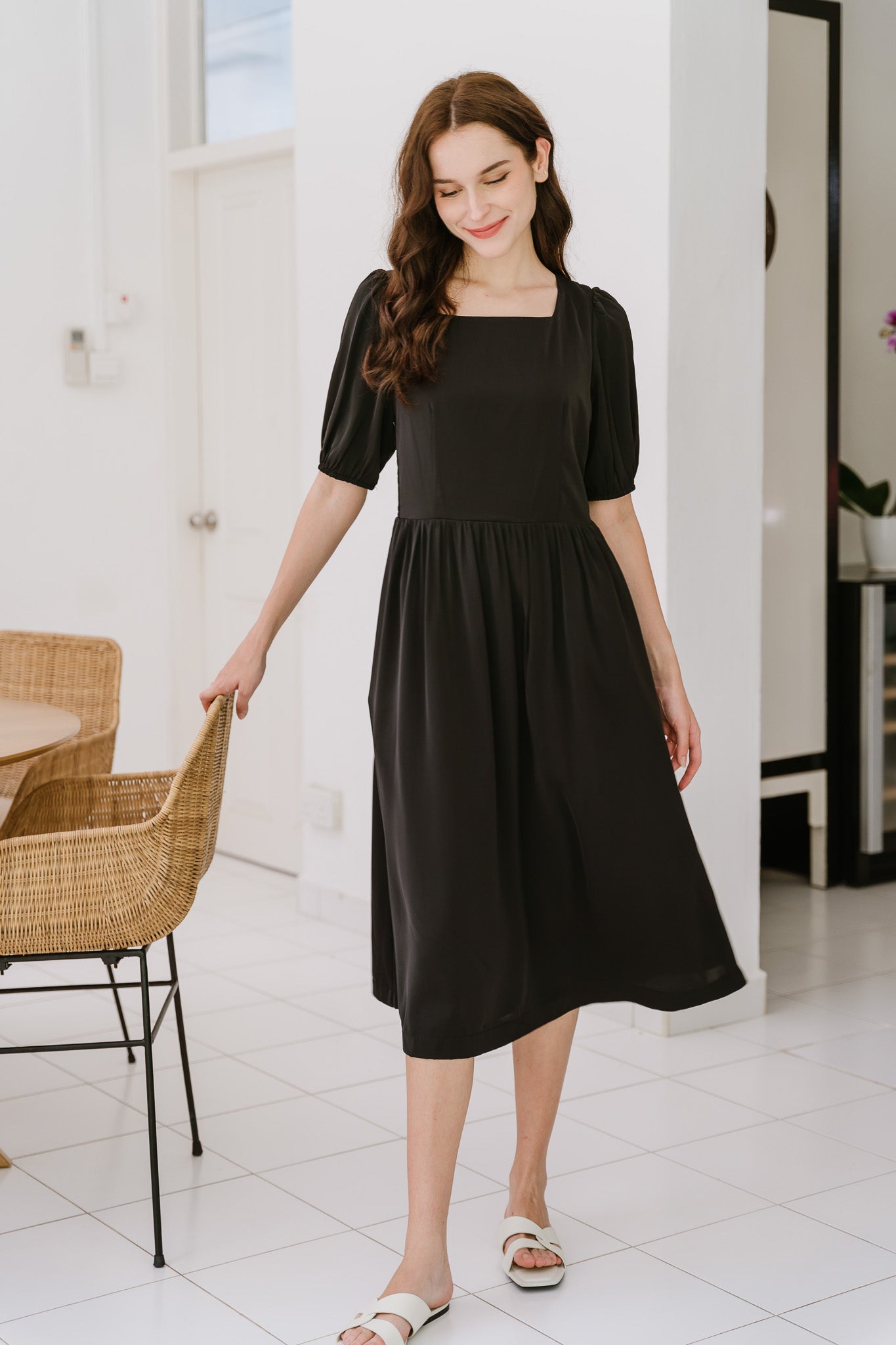 Keira Smocked Back Midi Dress in Black