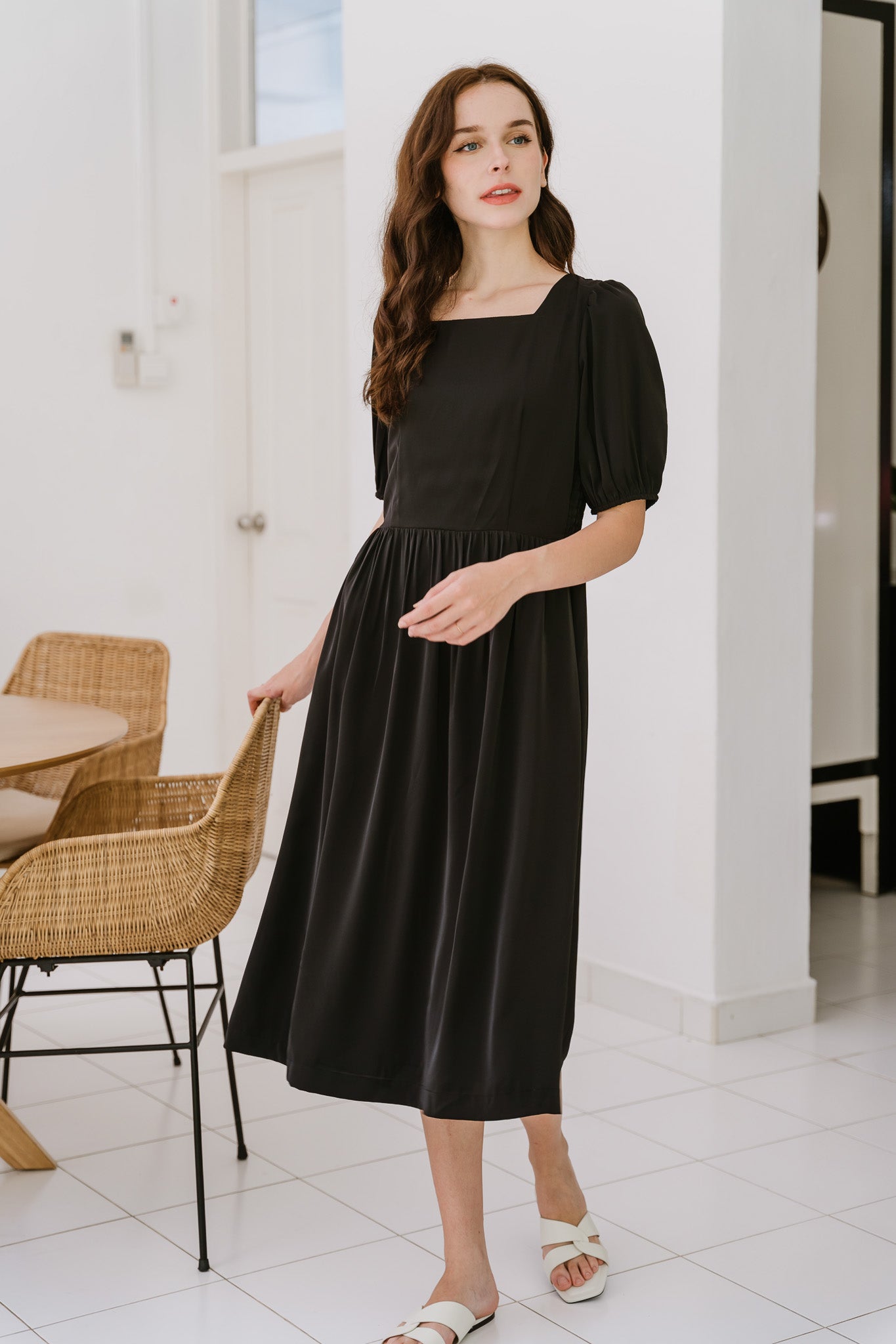 Keira Smocked Back Midi Dress in Black