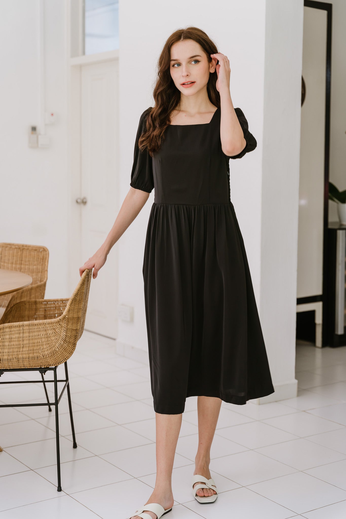 Keira Smocked Back Midi Dress in Black