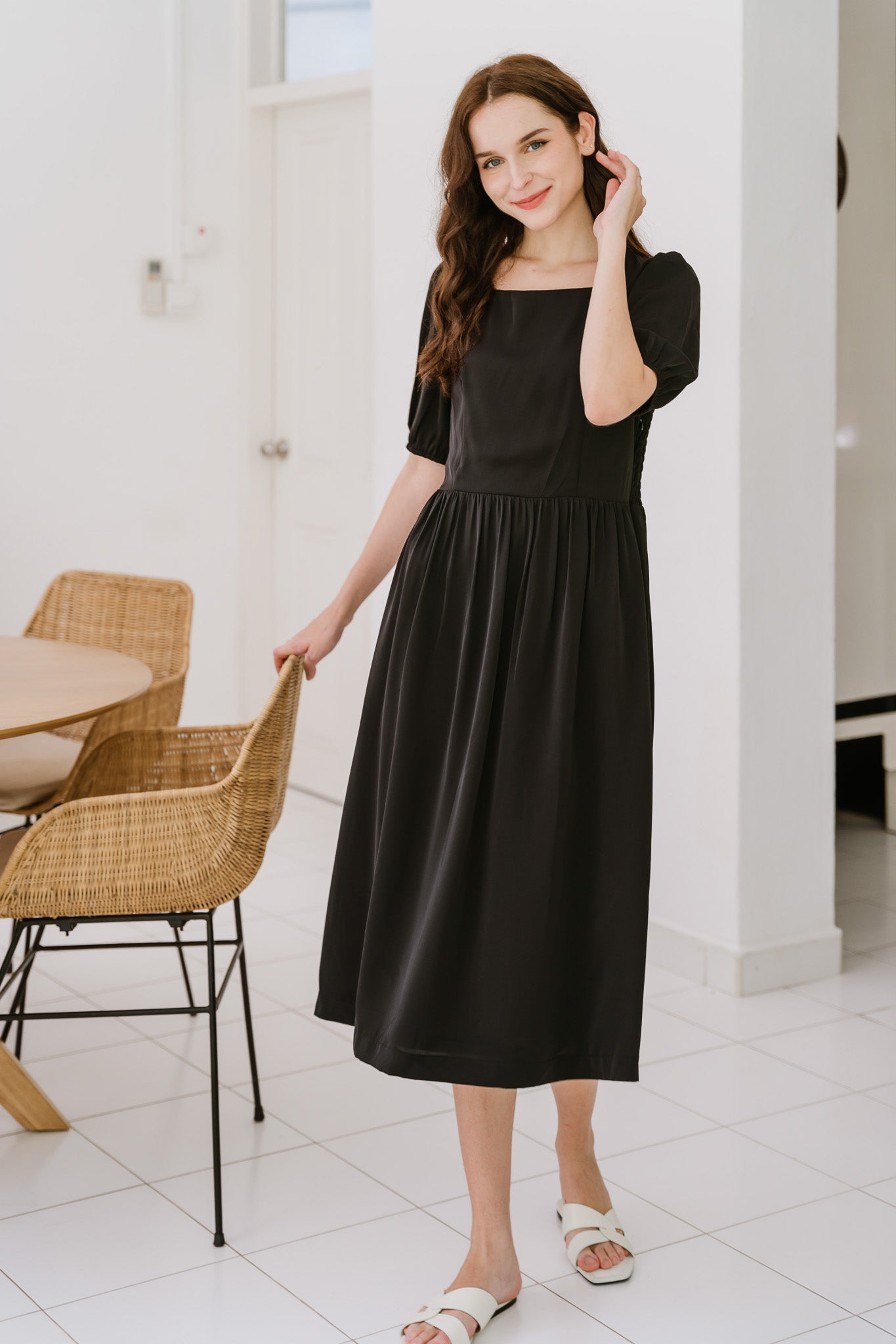 Keira Smocked Back Midi Dress in Black