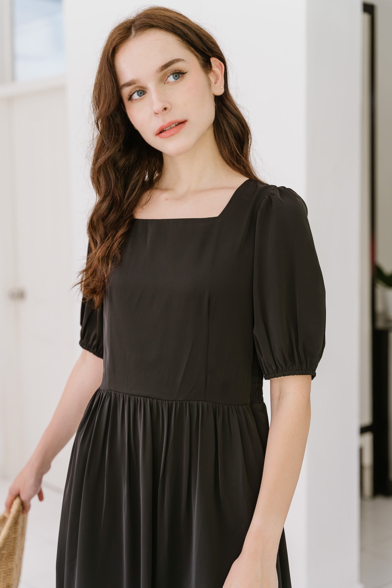 Keira Smocked Back Midi Dress in Black