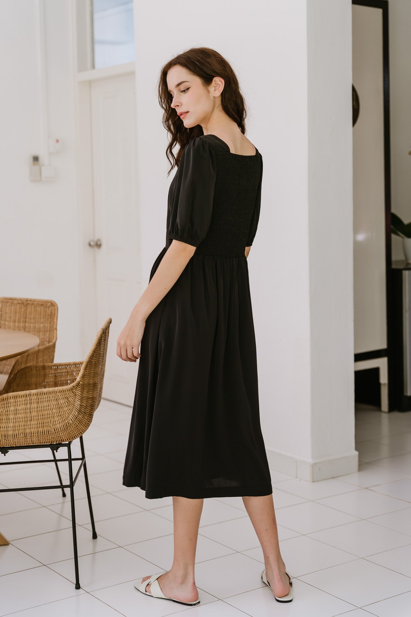 Keira Smocked Back Midi Dress in Black