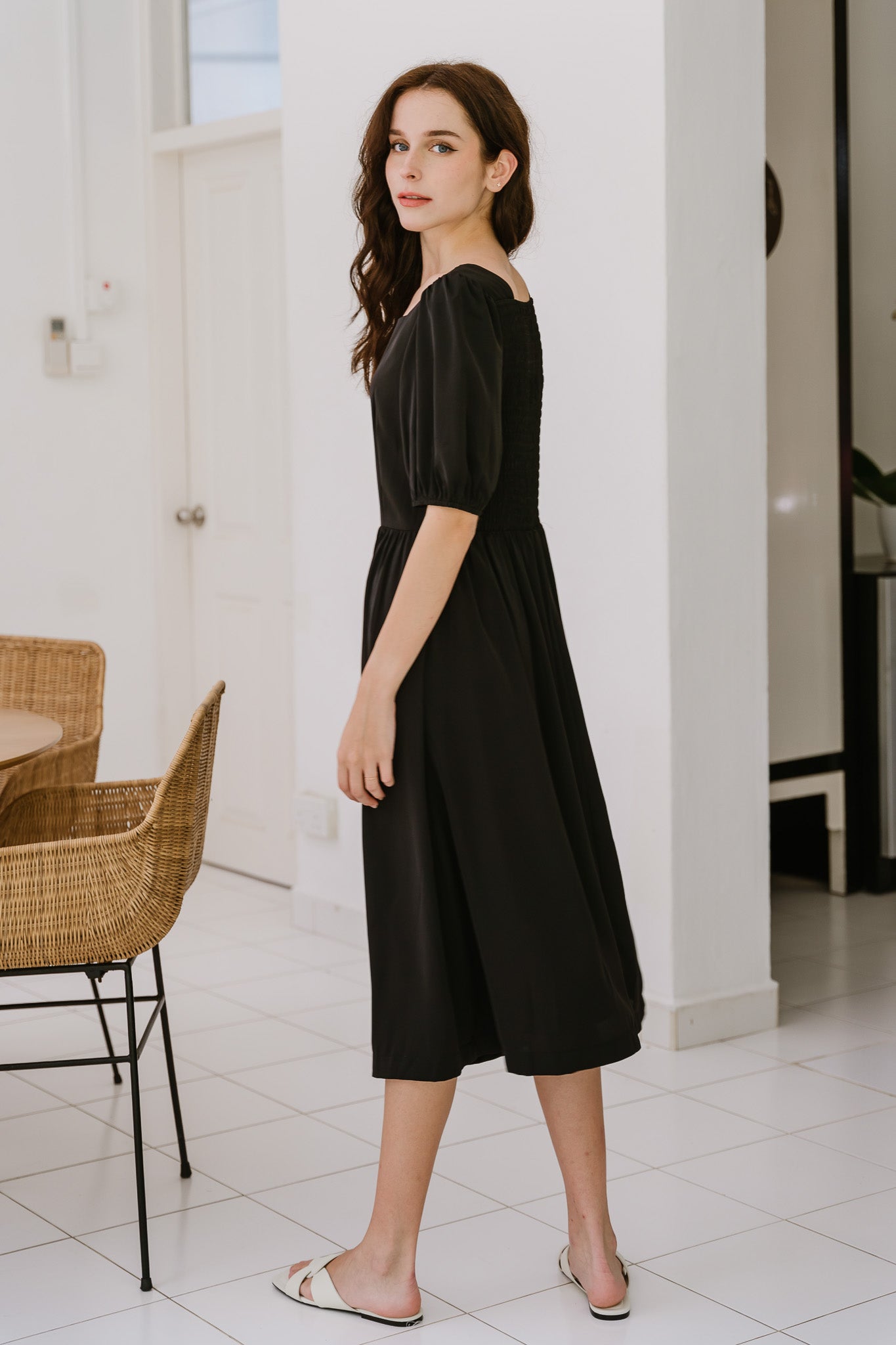Keira Smocked Back Midi Dress in Black