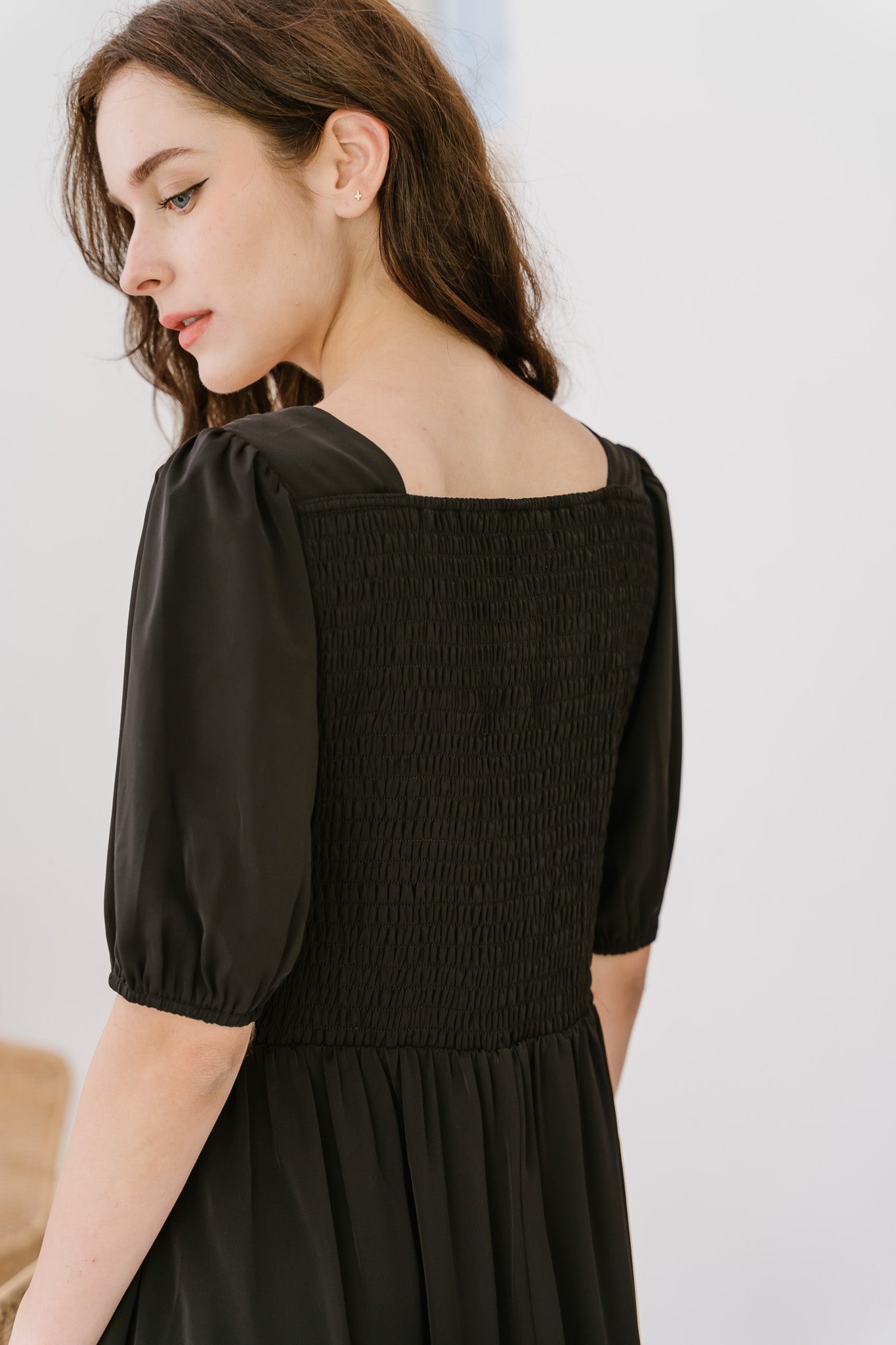 Keira Smocked Back Midi Dress in Black
