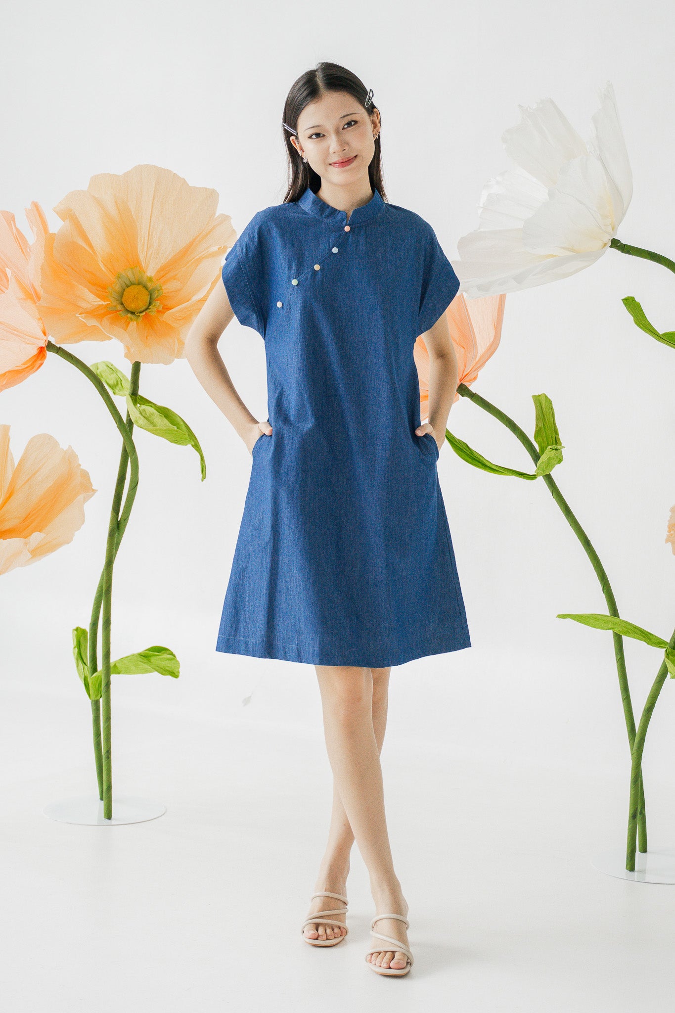 Colour Pop Denim Mandarin Shift Dress in Light Blue