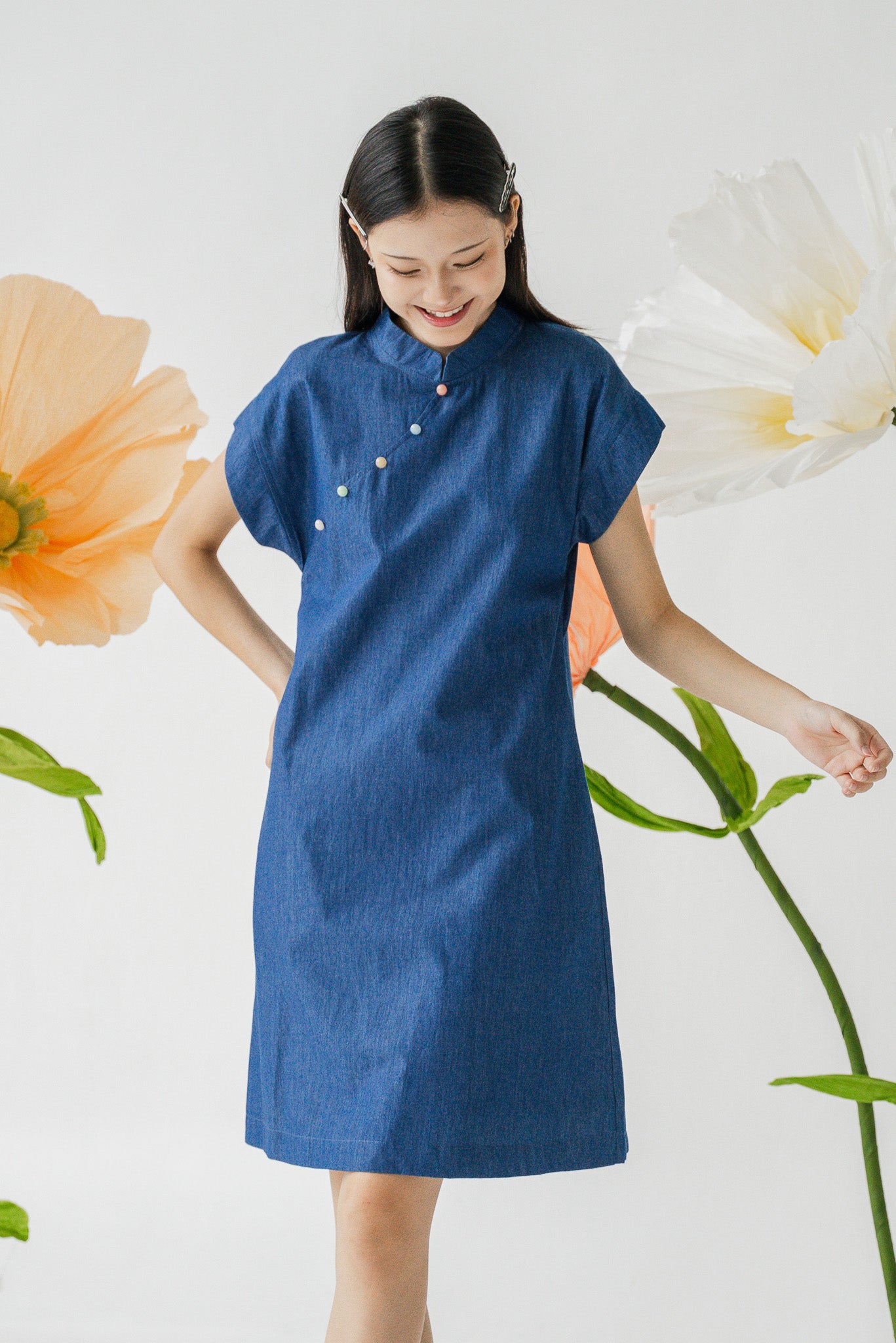 Colour Pop Denim Mandarin Shift Dress in Light Blue