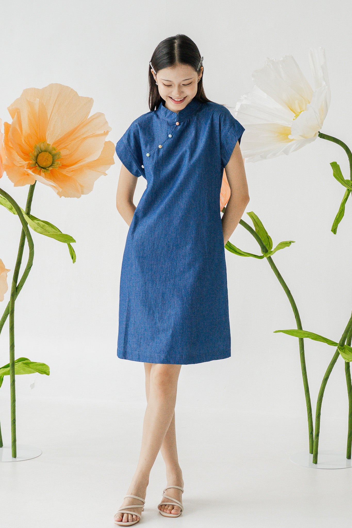 Colour Pop Denim Mandarin Shift Dress in Light Blue