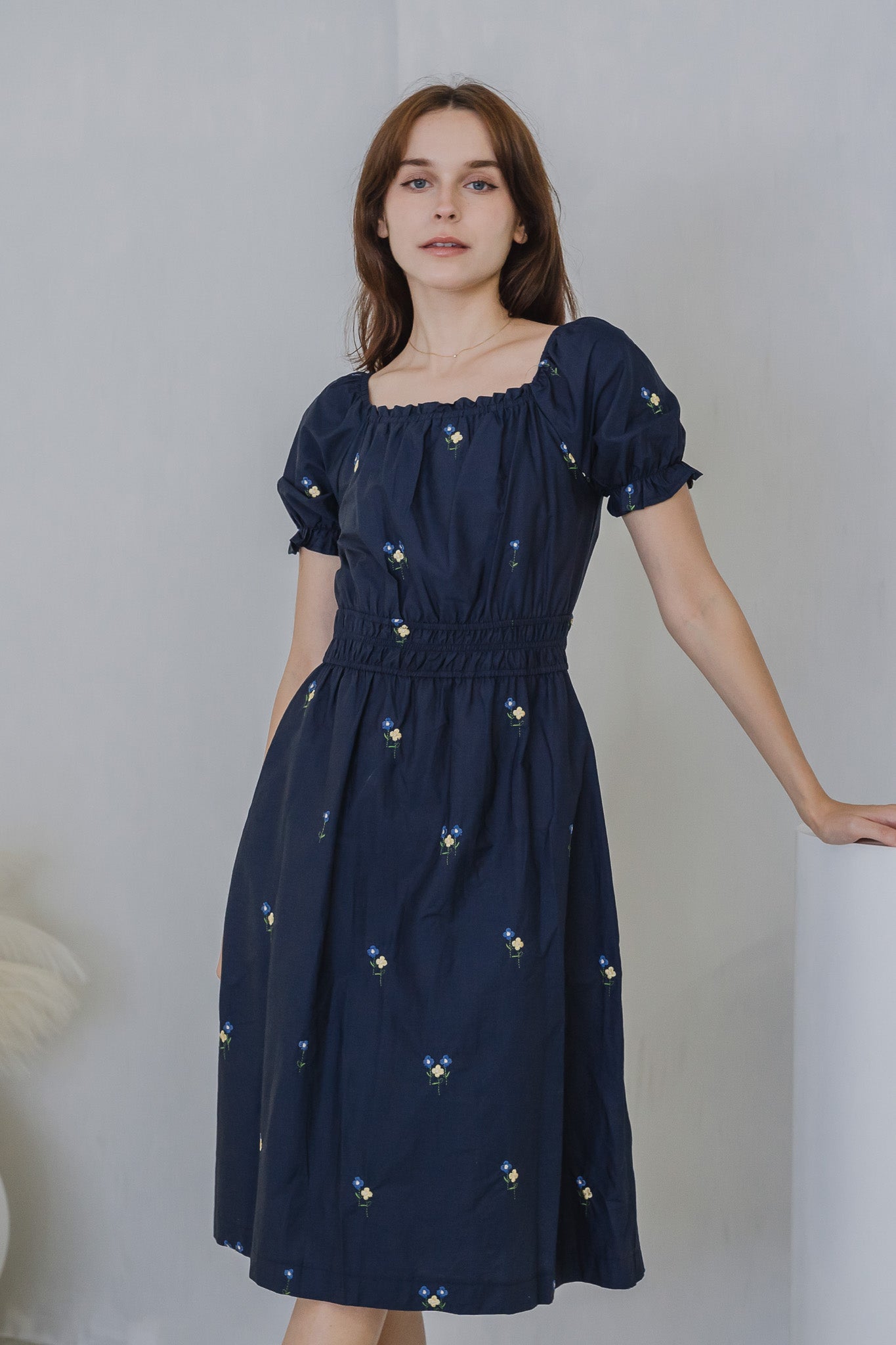 Blossom Bliss Embroidery Midi Dress in Navy