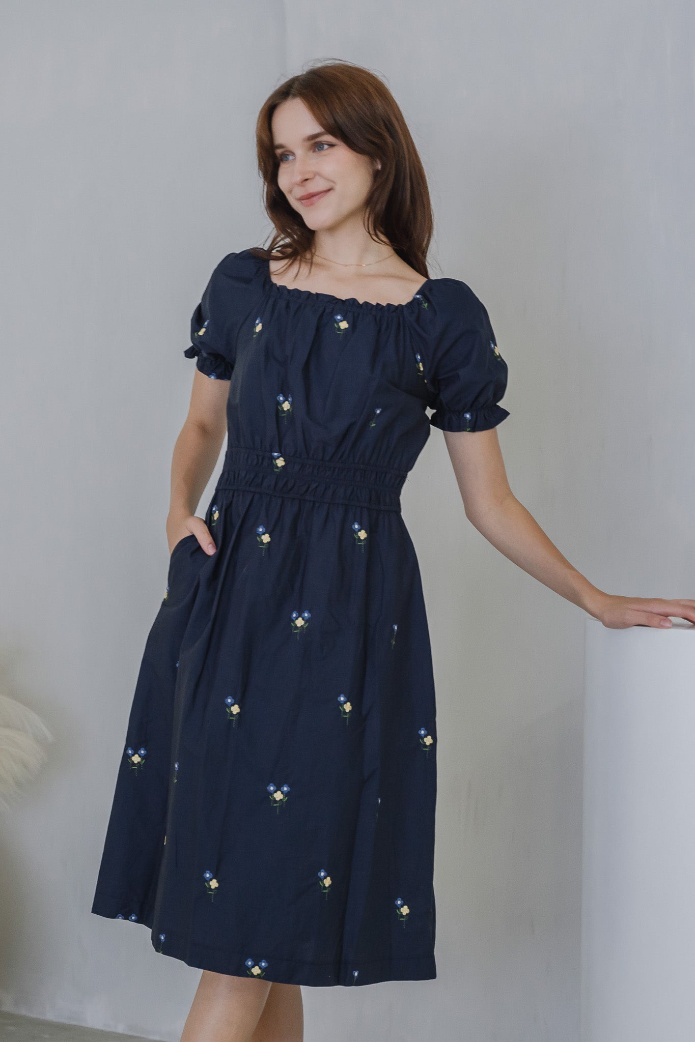 Blossom Bliss Embroidery Midi Dress in Navy