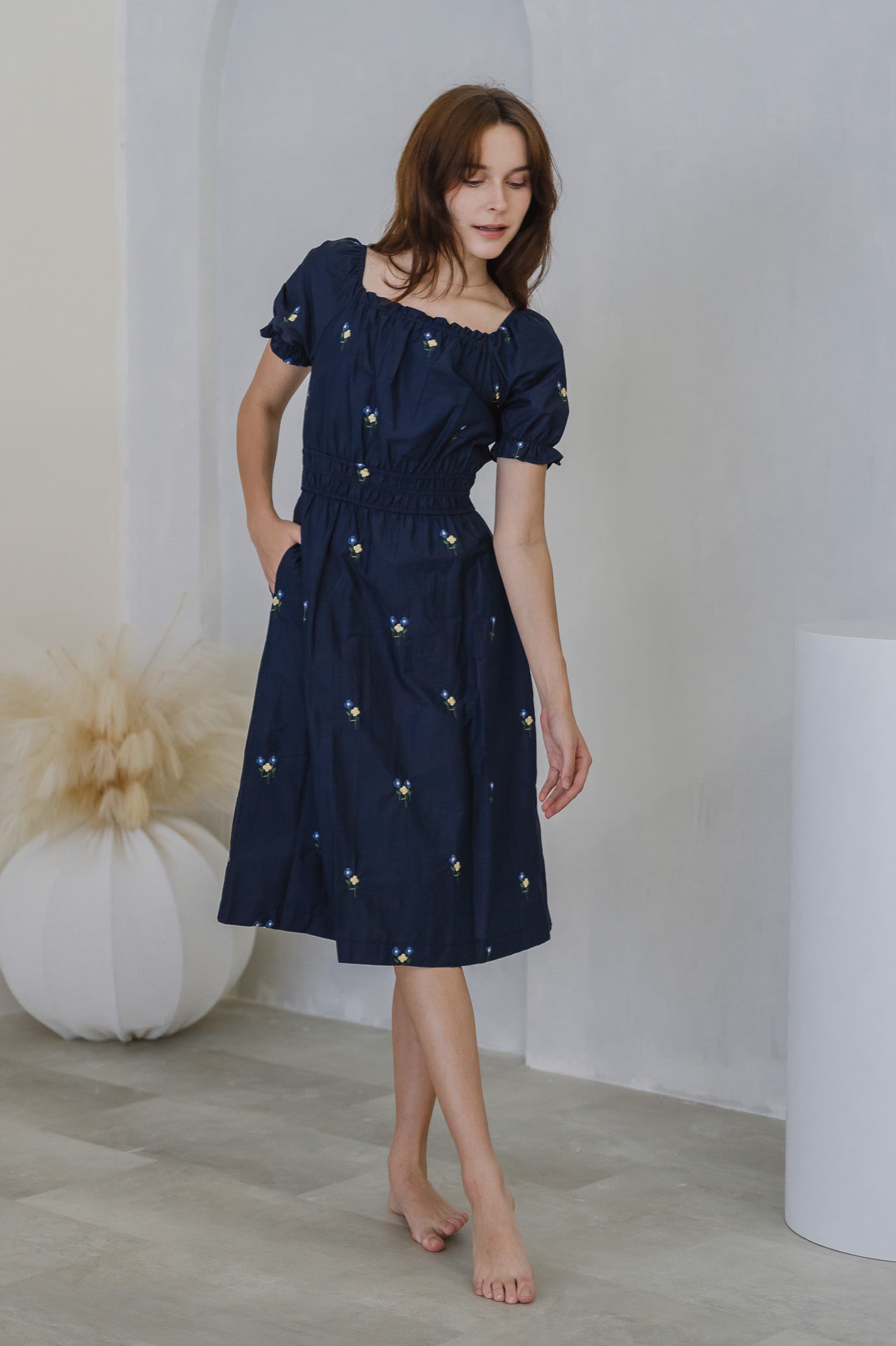 Blossom Bliss Embroidery Midi Dress in Navy