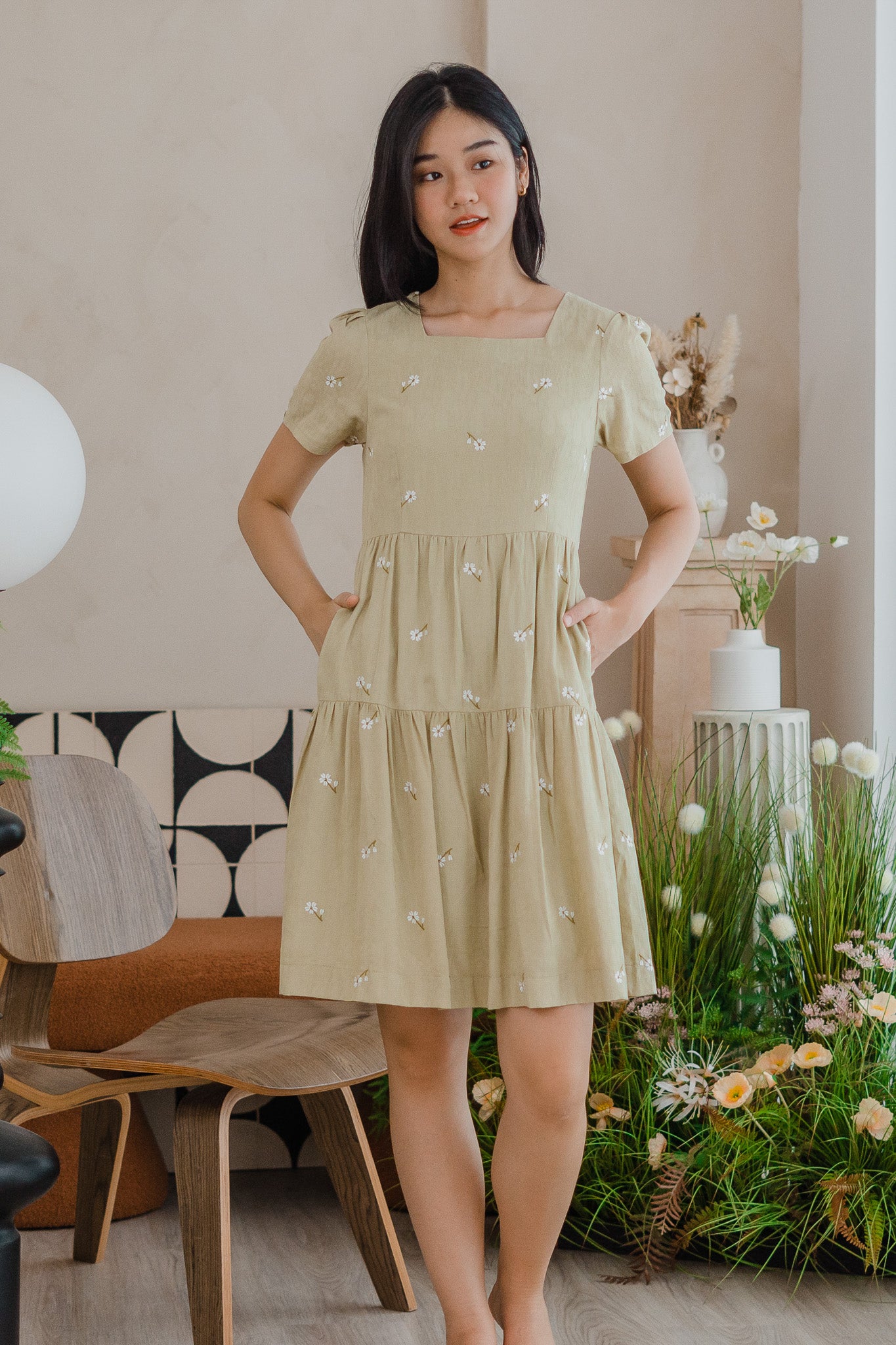 Ariana Embroidery Tiered Dress in Light Green