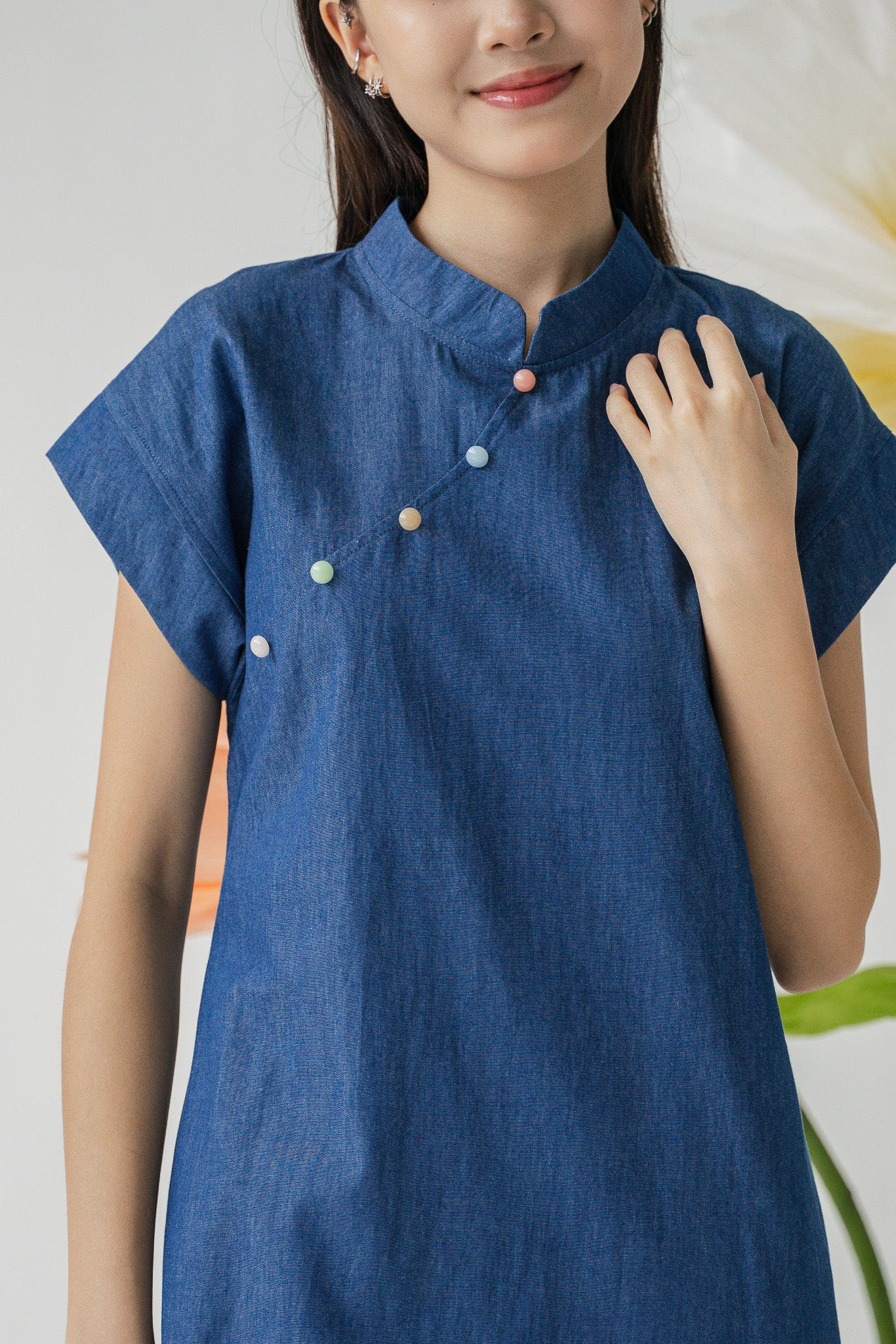 Colour Pop Denim Mandarin Shift Dress in Light Blue