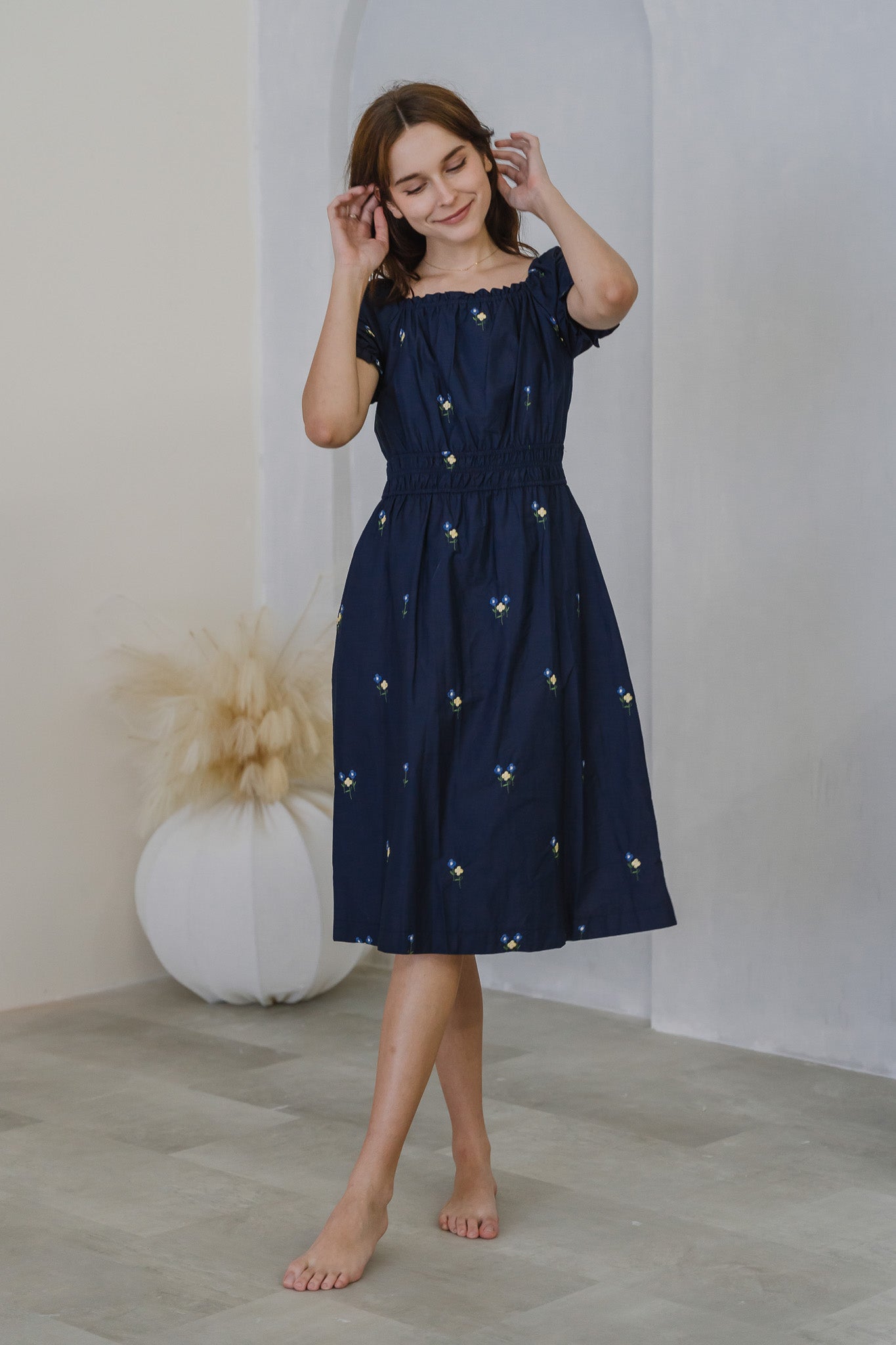 Blossom Bliss Embroidery Midi Dress in Navy
