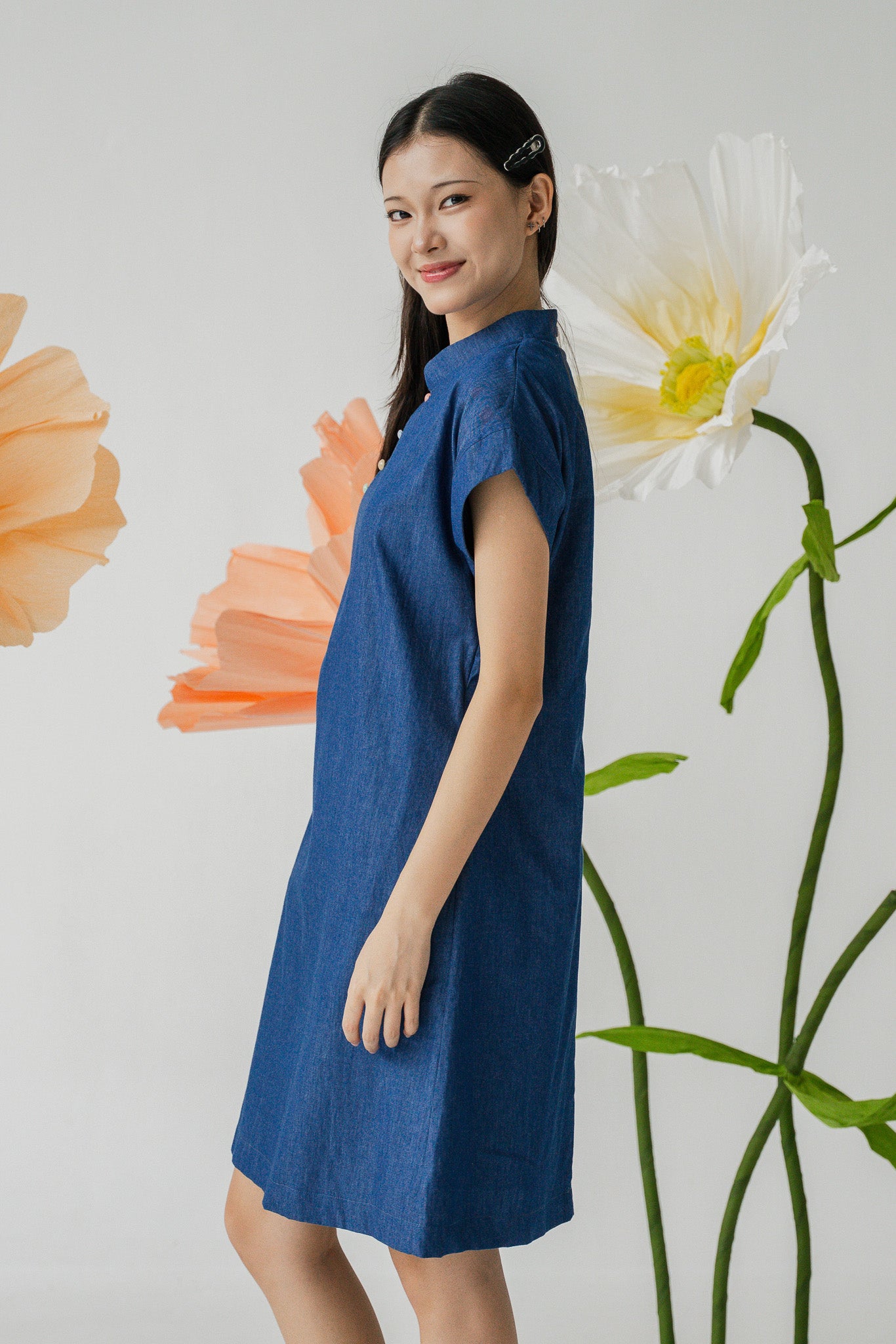 Colour Pop Denim Mandarin Shift Dress in Light Blue