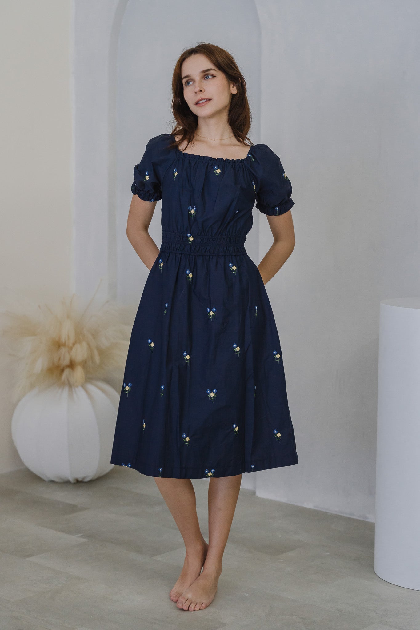 Blossom Bliss Embroidery Midi Dress in Navy