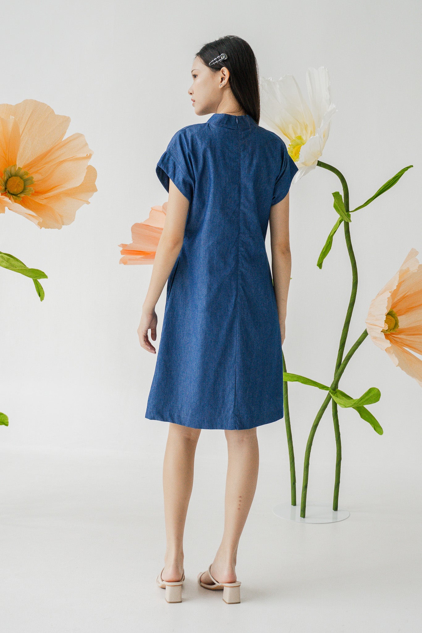 Colour Pop Denim Mandarin Shift Dress in Light Blue